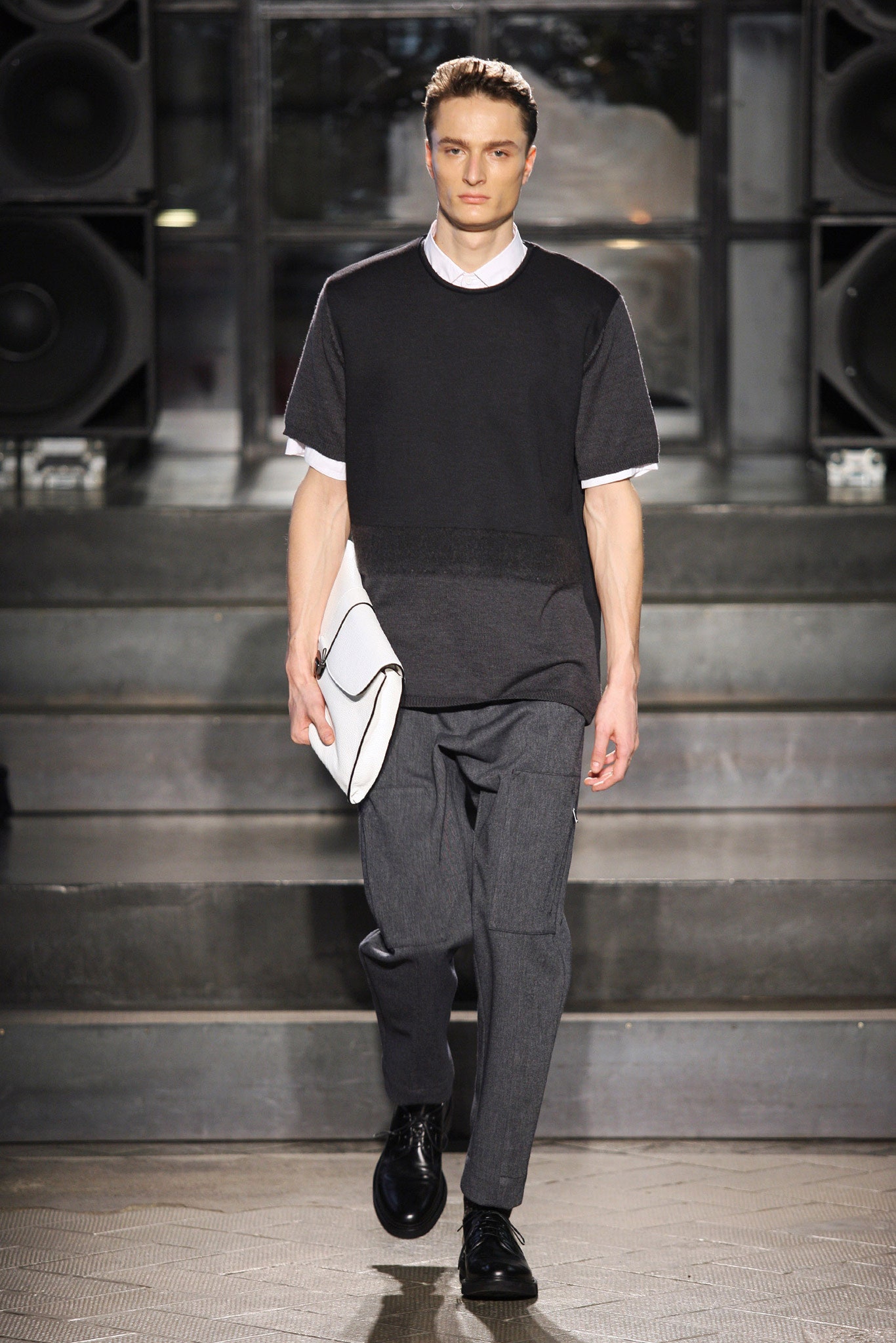 black fitted top gray tailored pants