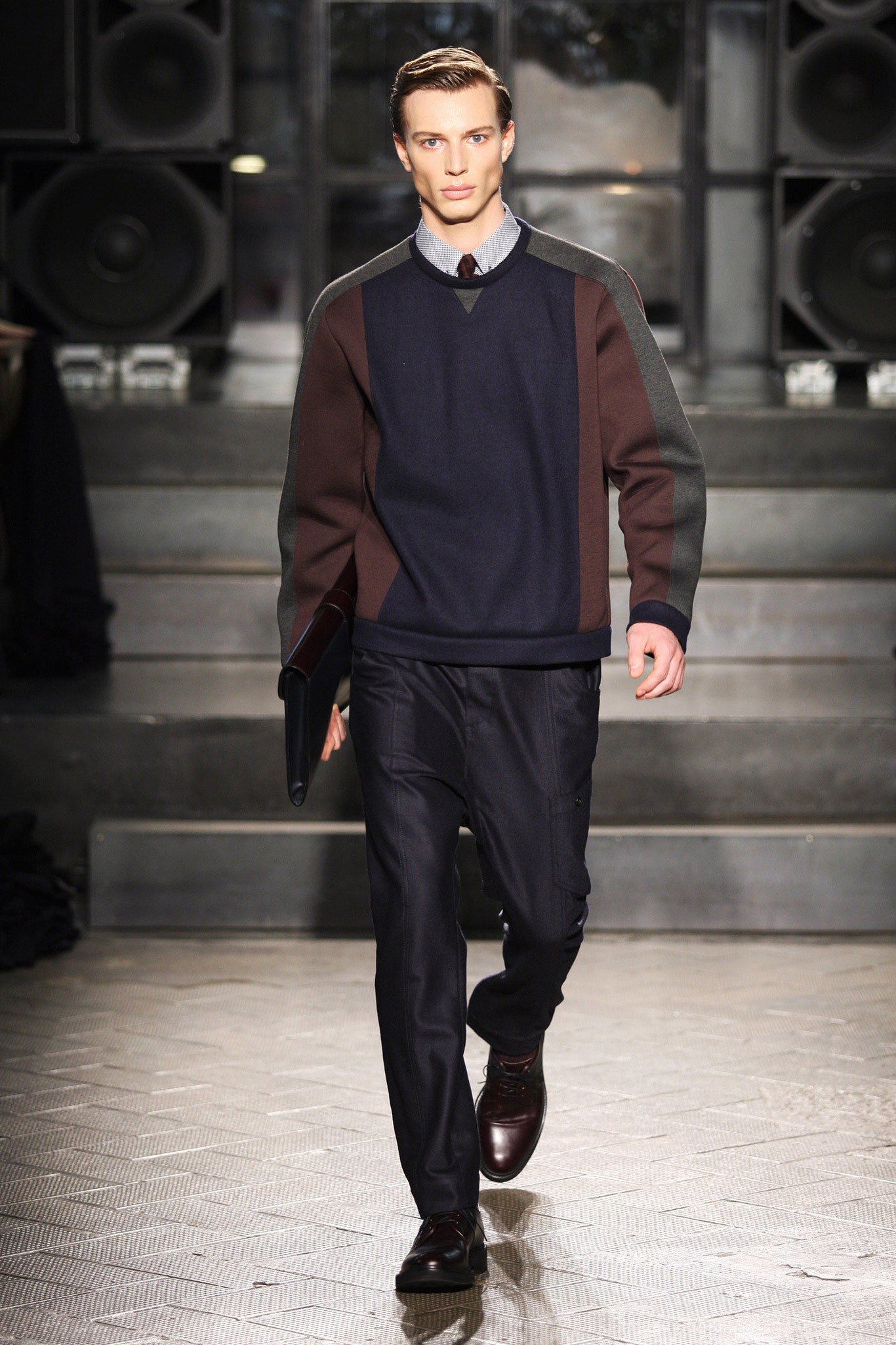 color-blocked relaxed sweater with tailored pants