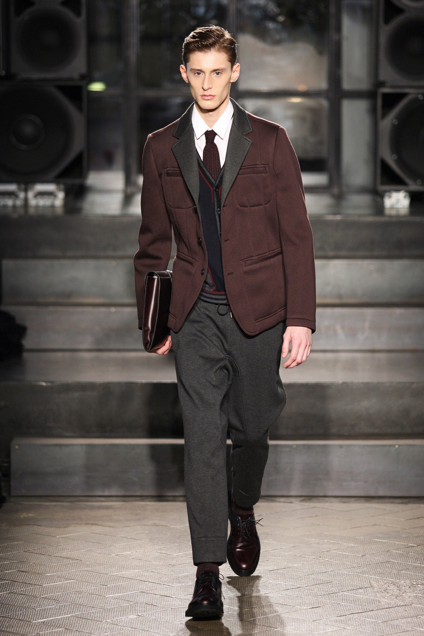 brown tailored jacket with navy sweater