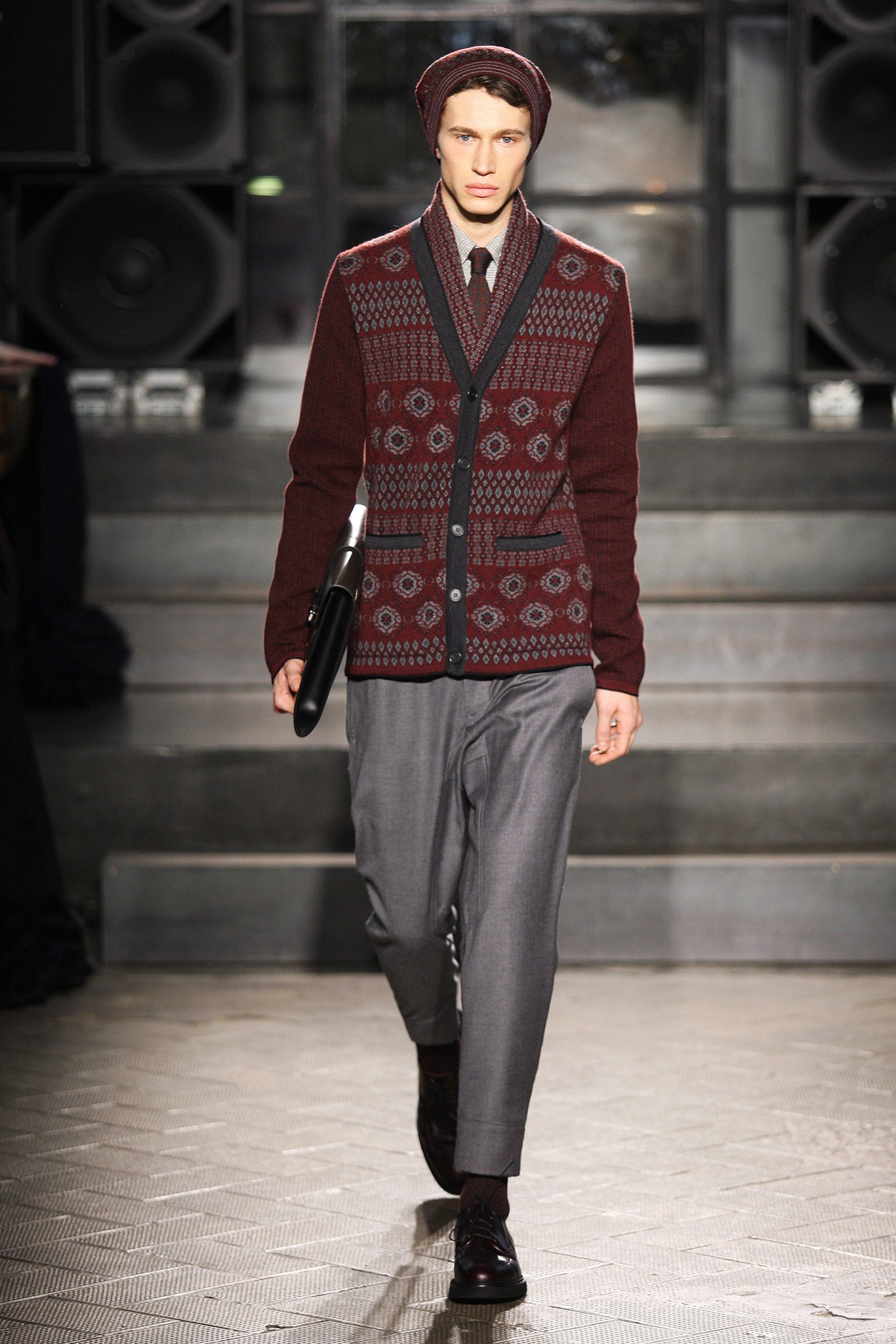 red wool cardigan with tailored pants