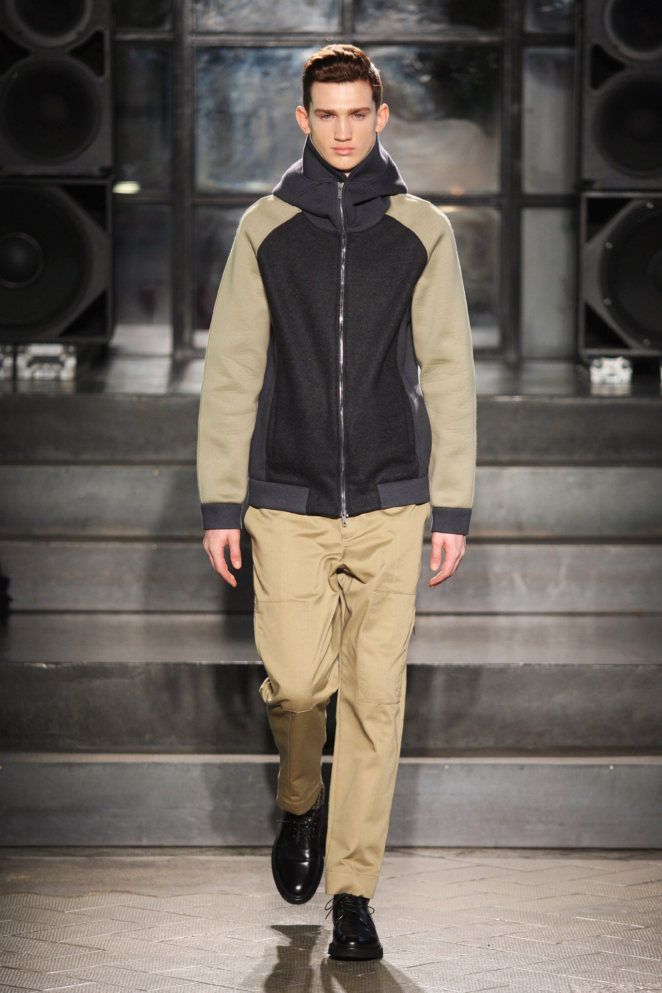 black gray relaxed jacket with beige pants