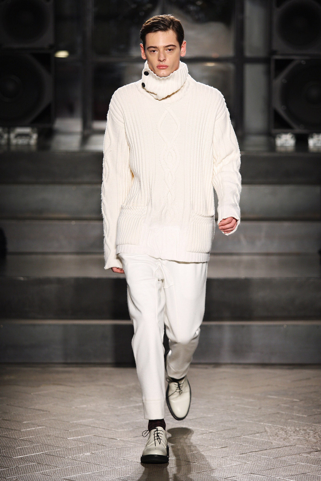 white wool turtleneck sweater and tailored pants