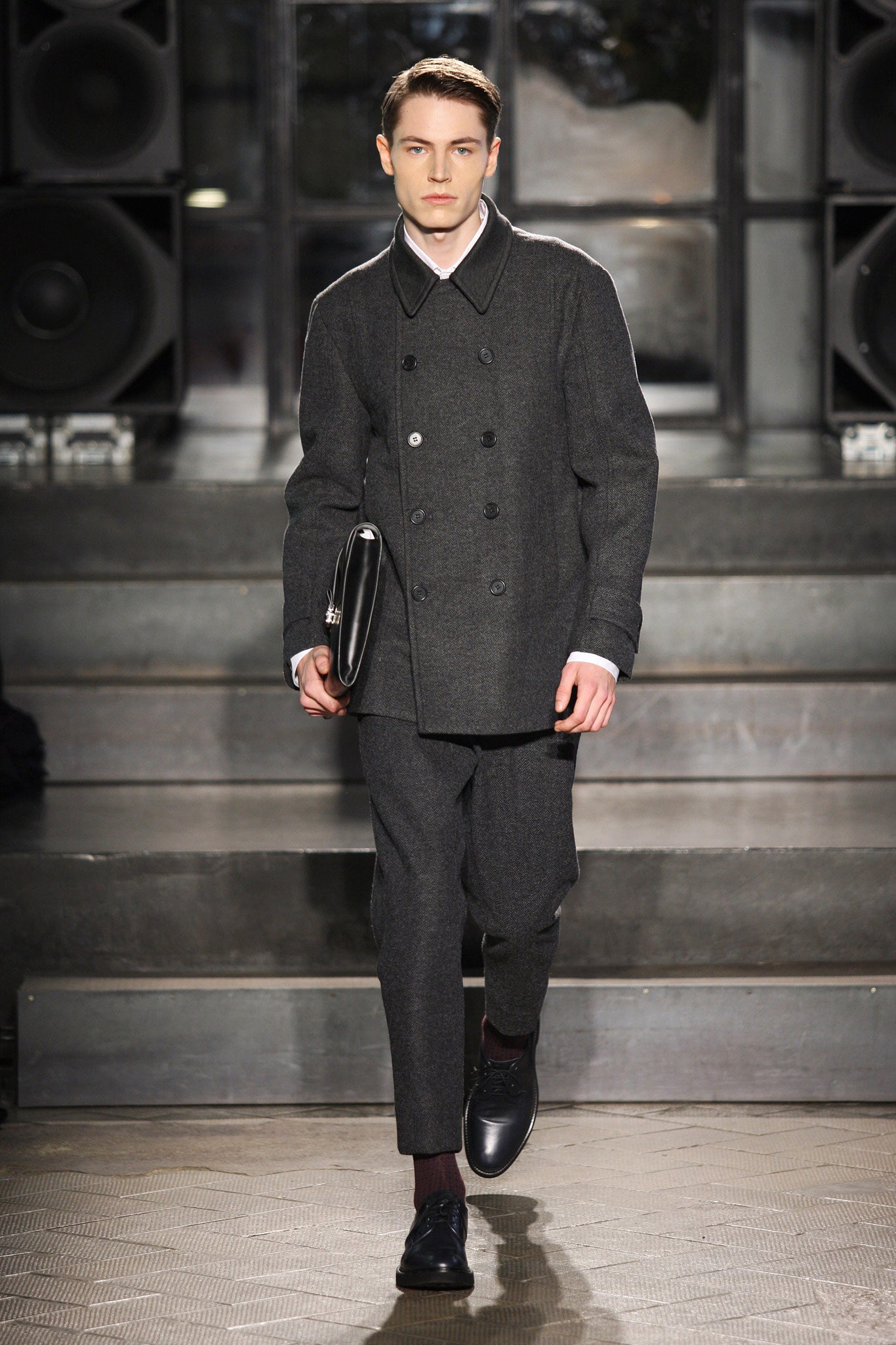 gray wool coat and tailored pants