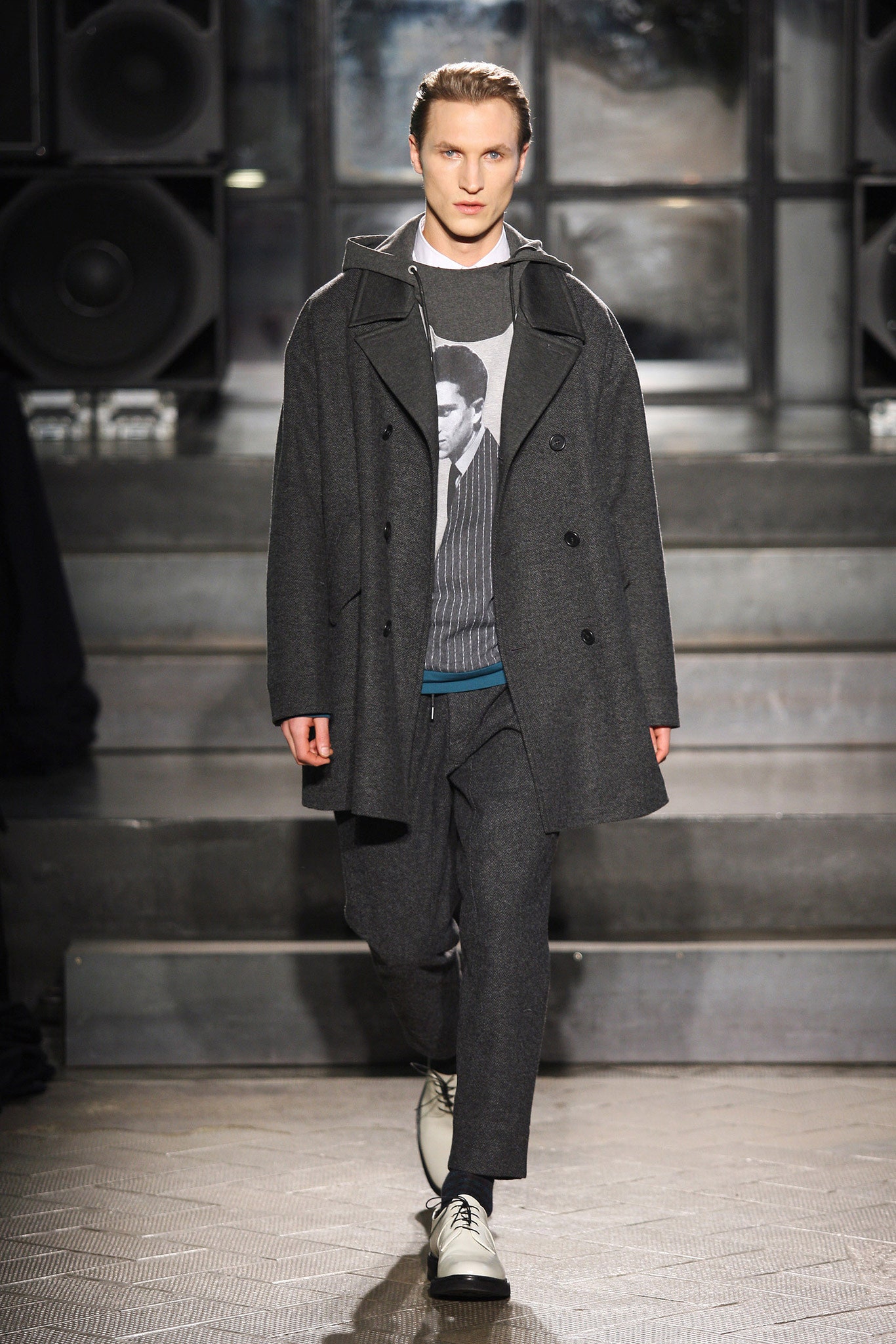 gray wool coat with sweater and pants