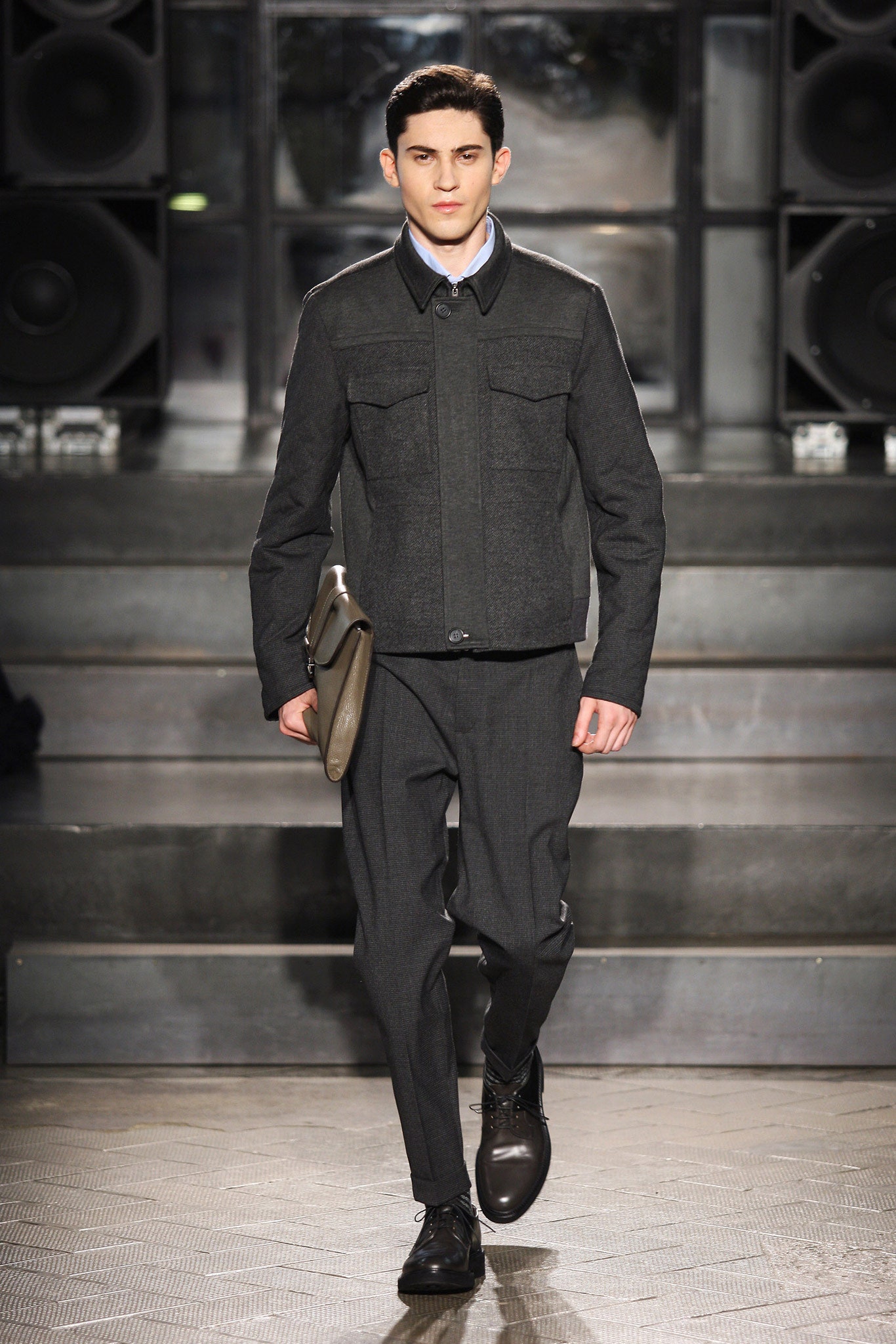 gray wool fitted jacket and tailored pants