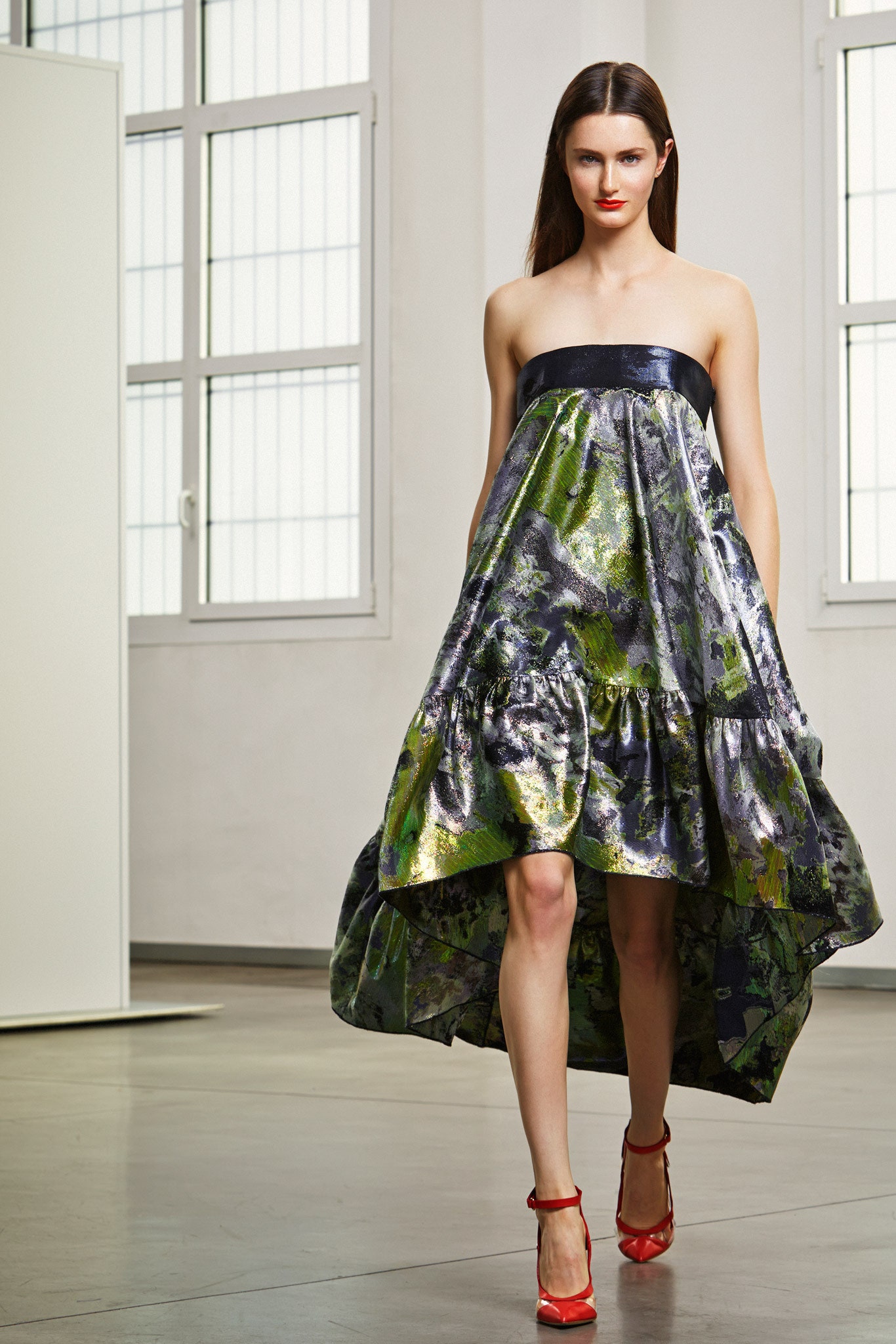 black silk strapless relaxed tiered shiny midi dress