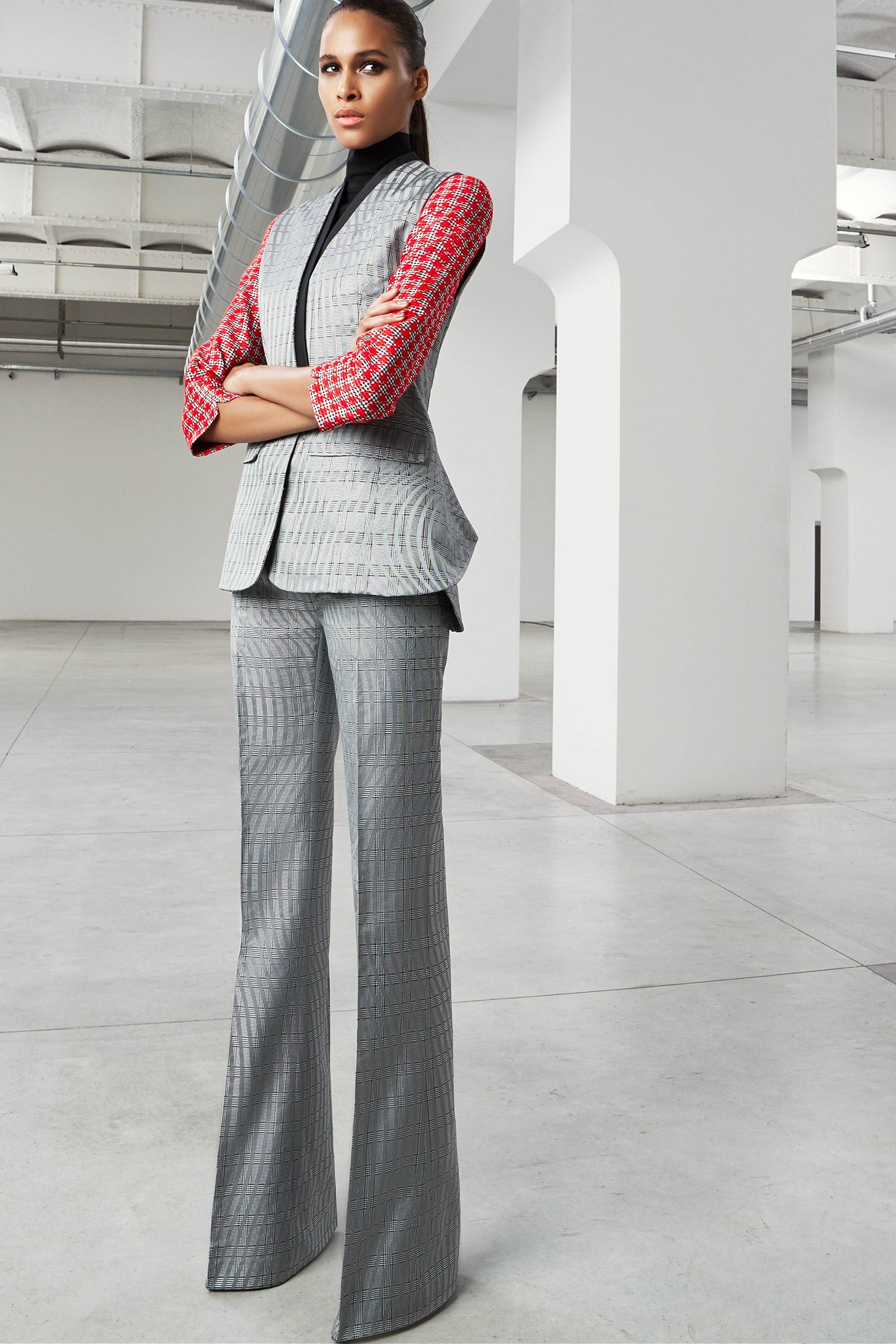 gray tailored blazer and flared pants