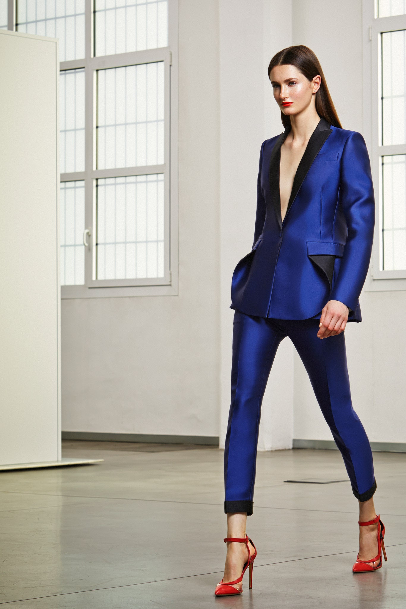 blue satin tailored suit