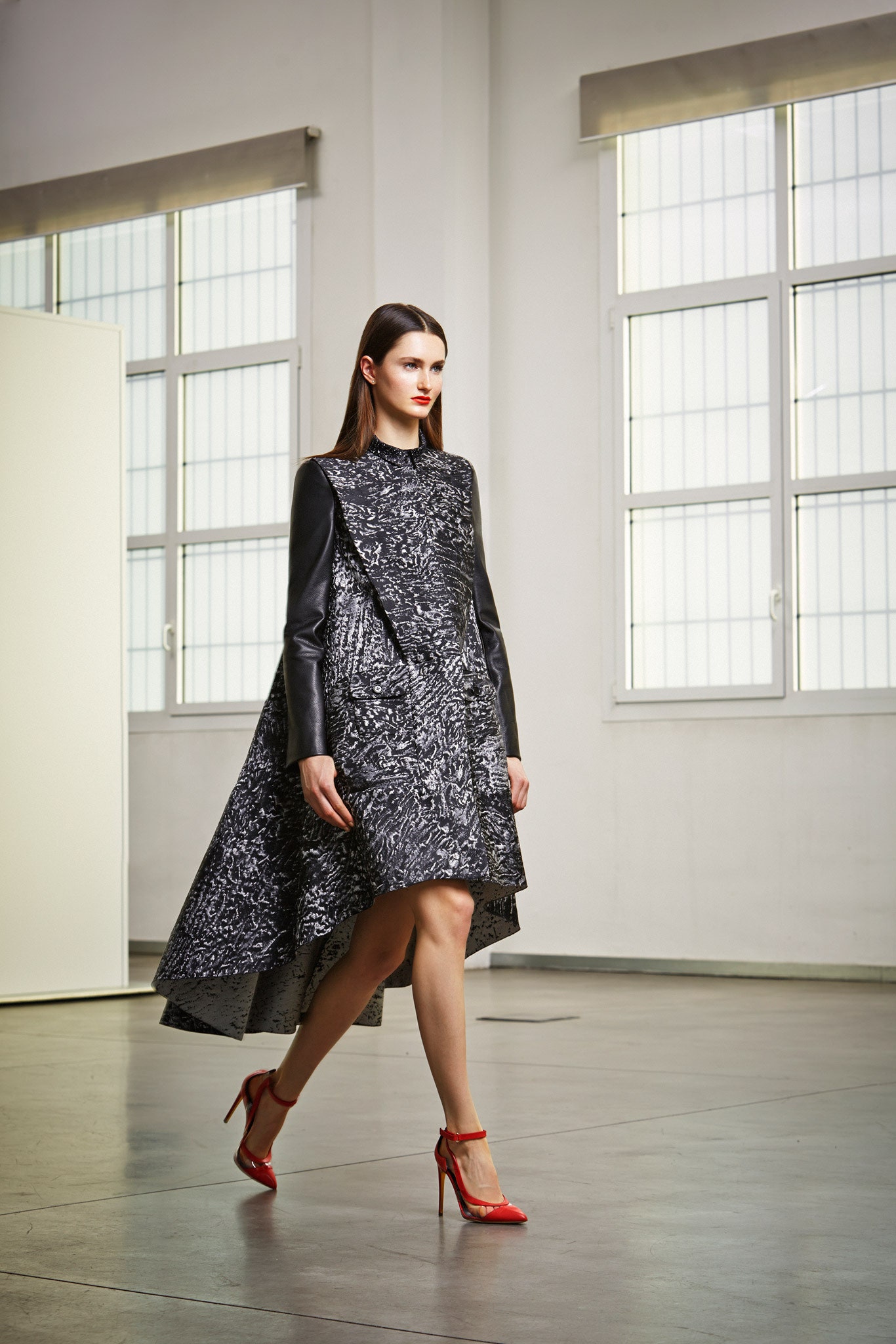 black silk long-sleeve high-neck fitted layered midi dress