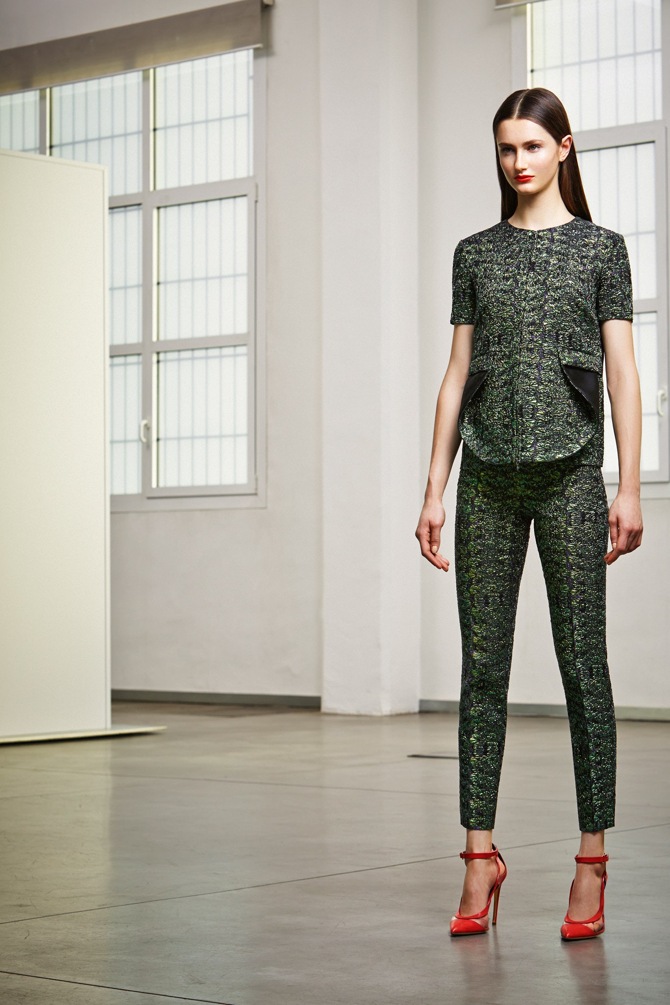 fitted green tweed top and pants