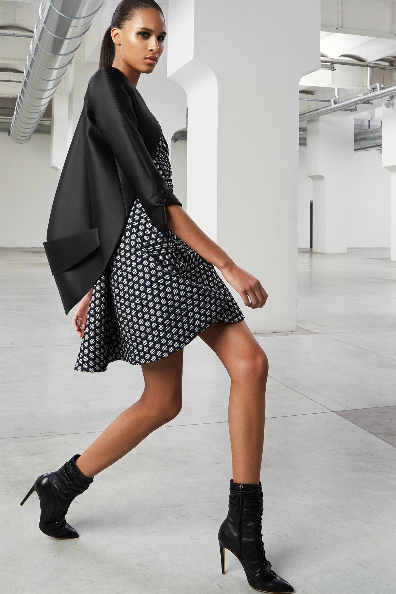 black and white flared dress with oversized jacket