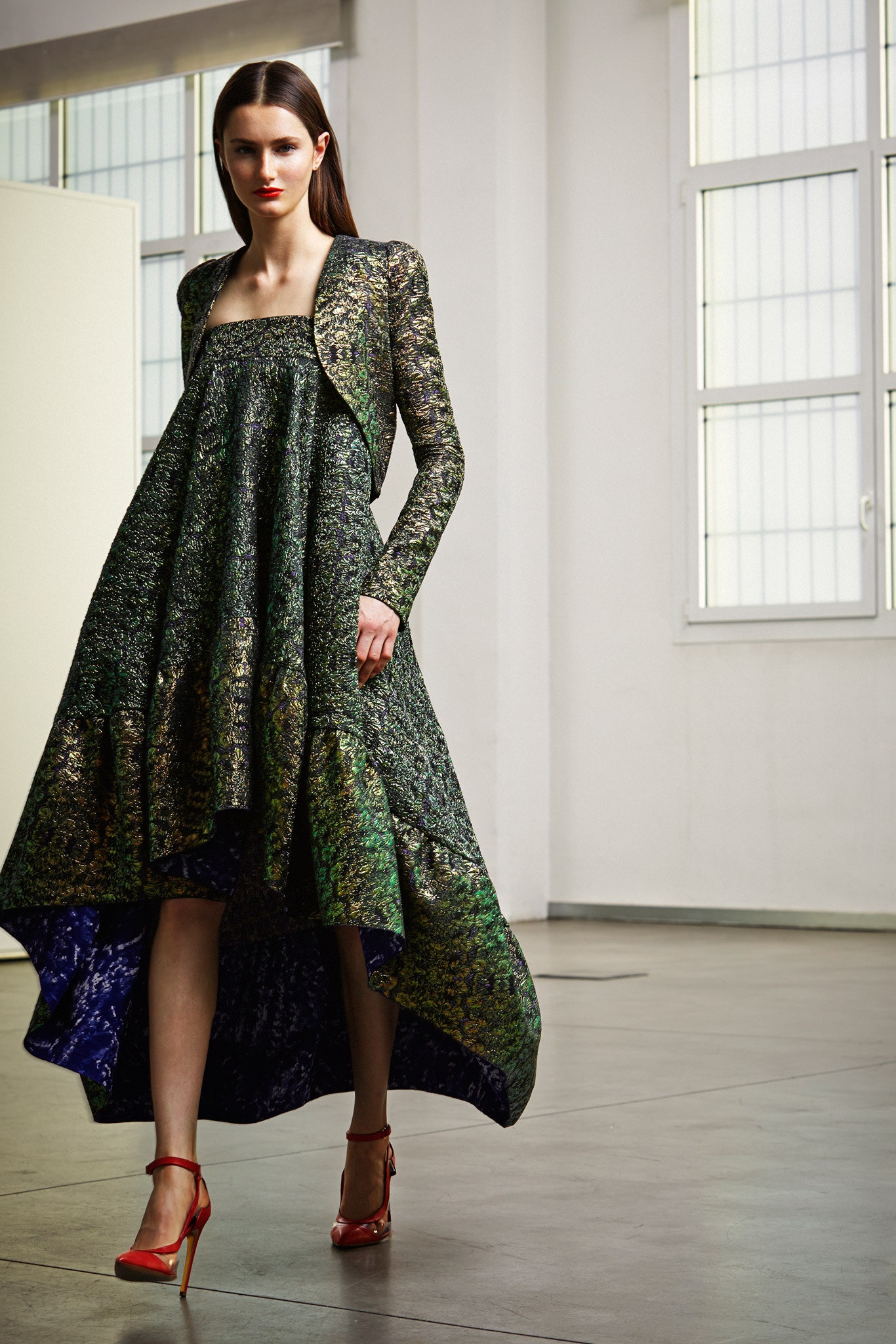 green silk tiered maxi dress
