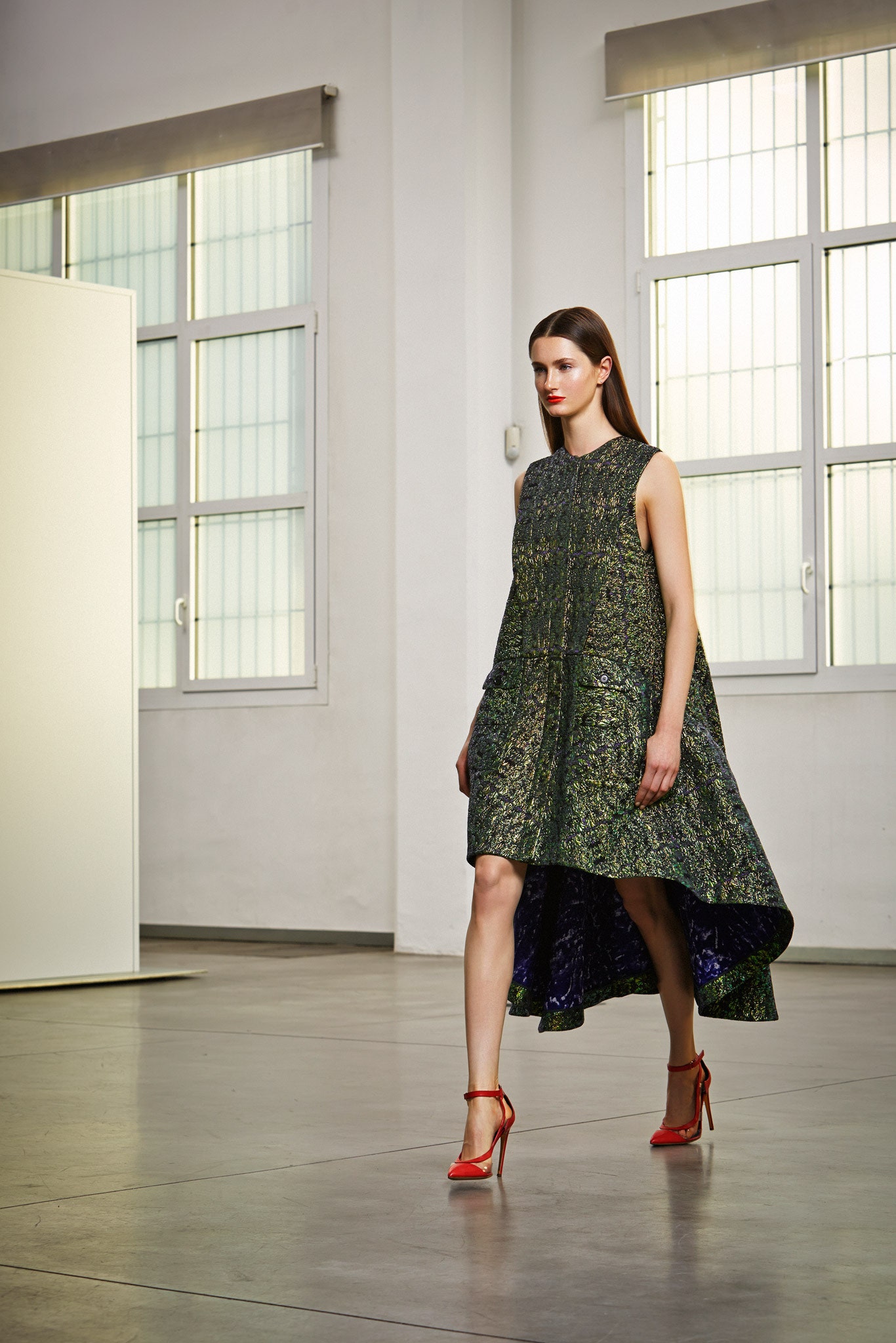 green silk sleeveless high-neck relaxed pleated midi dress