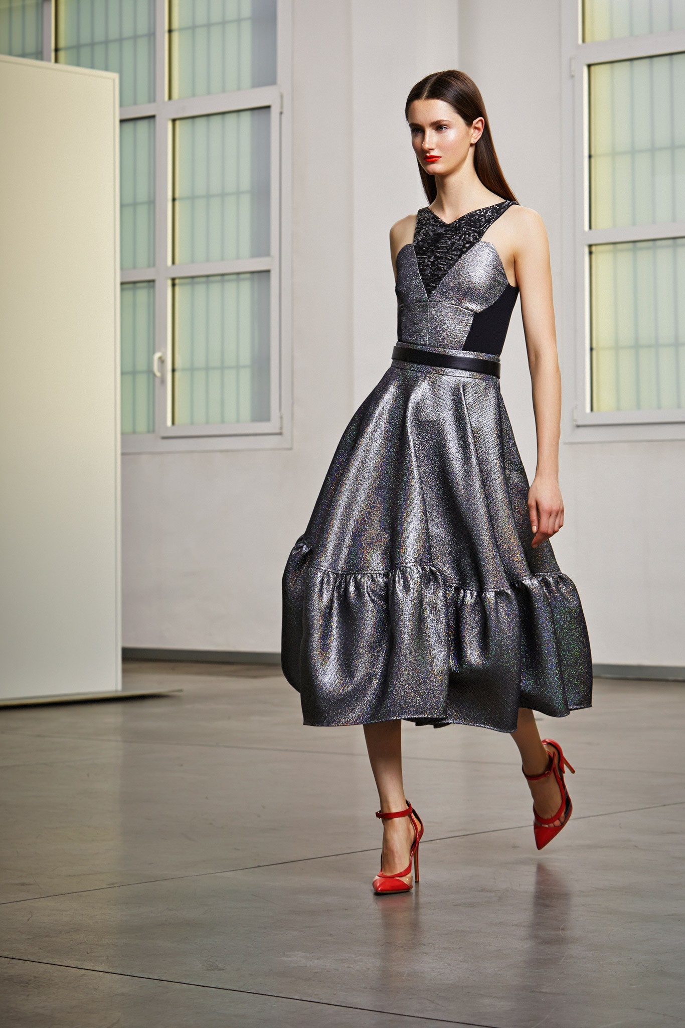 black and silver pleated midi dress