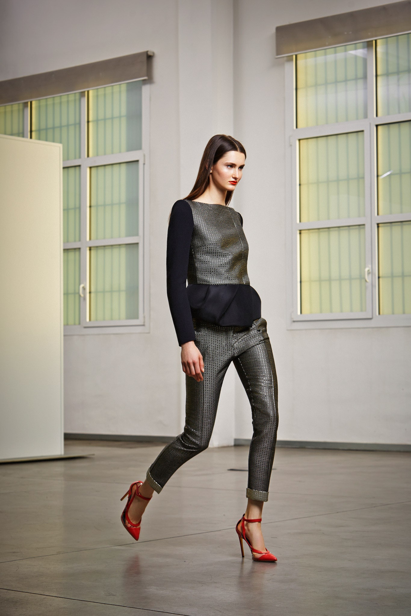 black silk long-sleeve collared fitted flared top