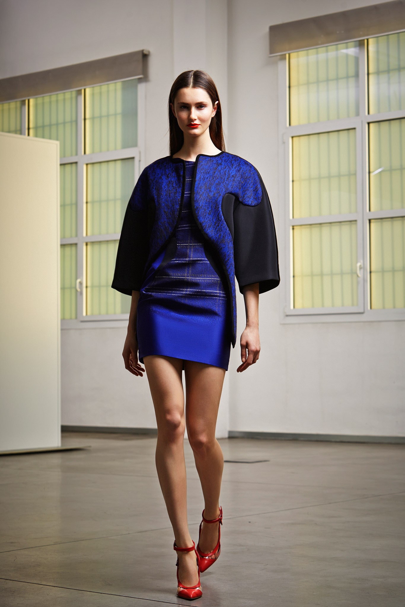 blue sleeveless high-neck fitted pencil mini dress