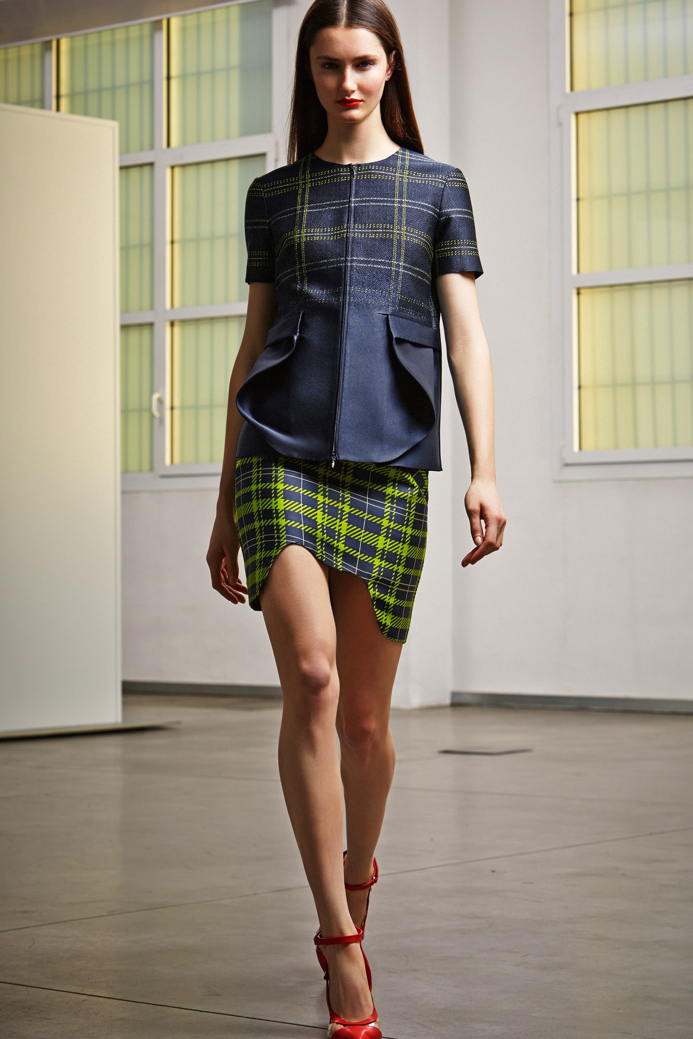 blue cotton short-sleeve collared fitted checked zippered top