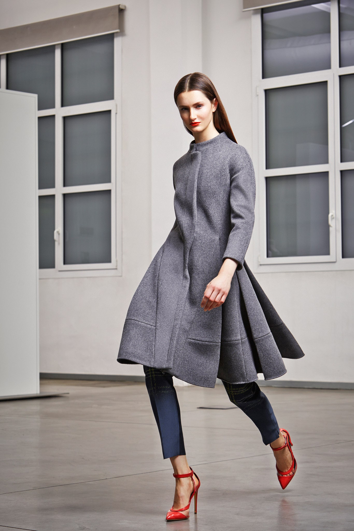 gray wool long-sleeve collared structured pleated midi coat