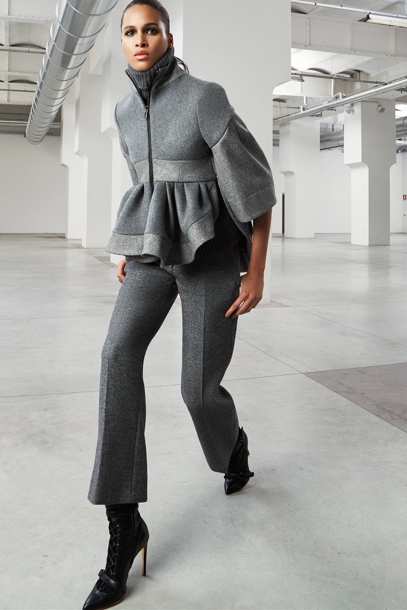 gray wool peplum jacket with tailored pants