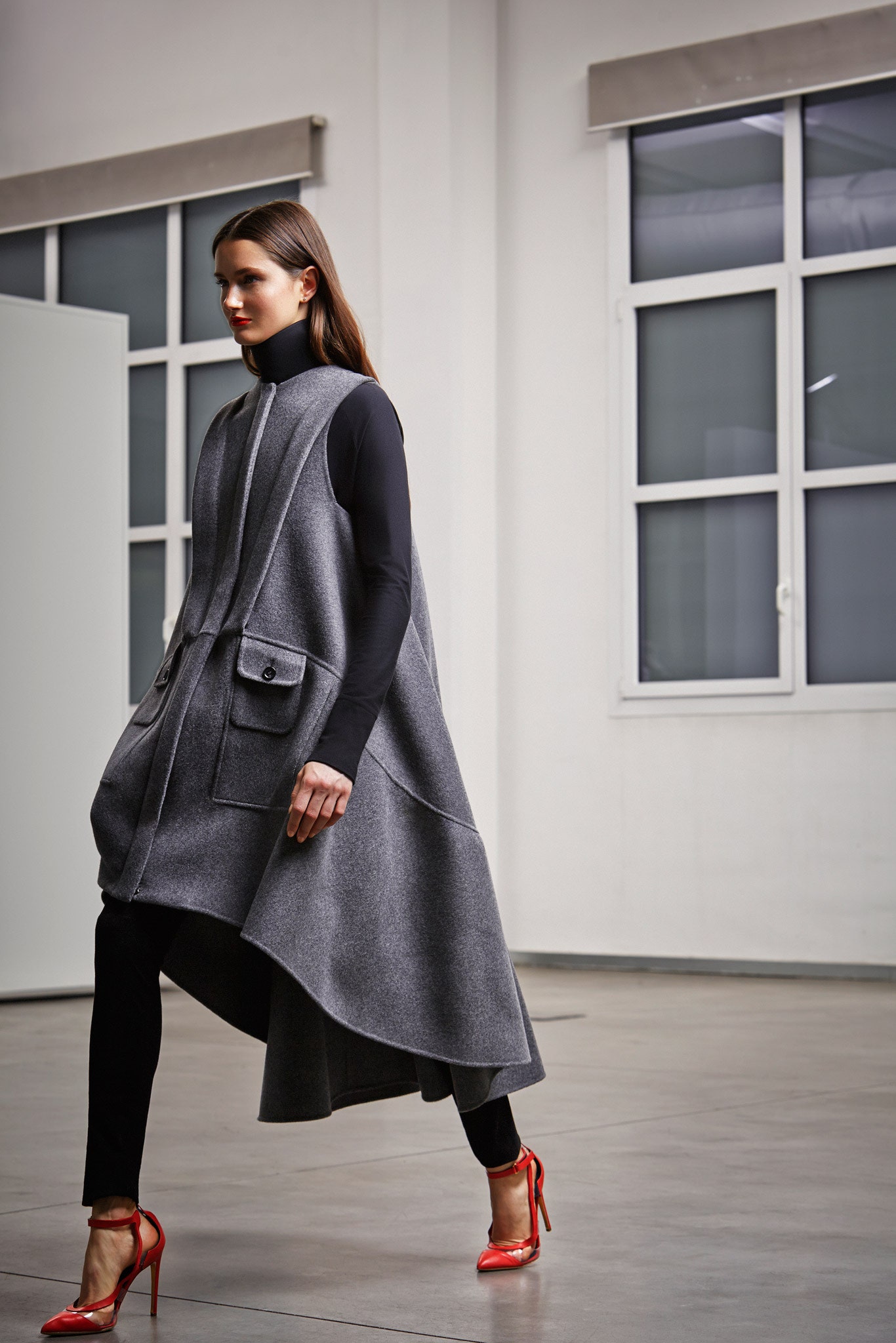 gray wool sleeveless high-neck relaxed pockets midi cape