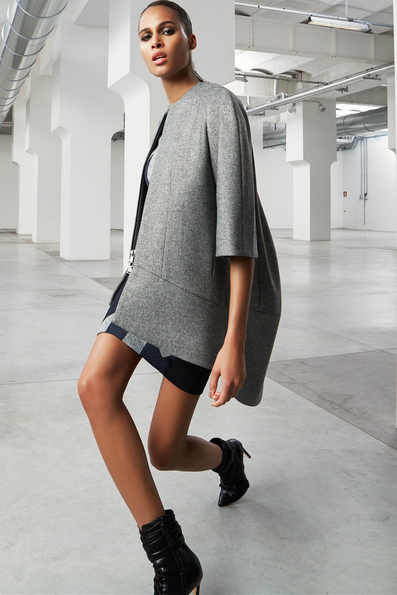 gray wool cape with black dress