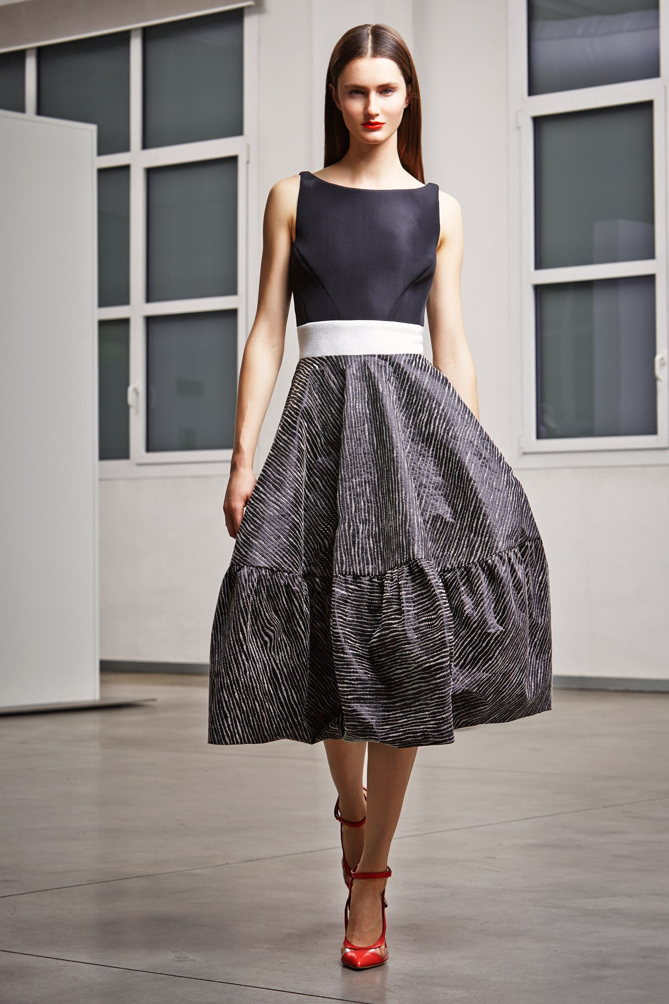 black and white pleated midi dress
