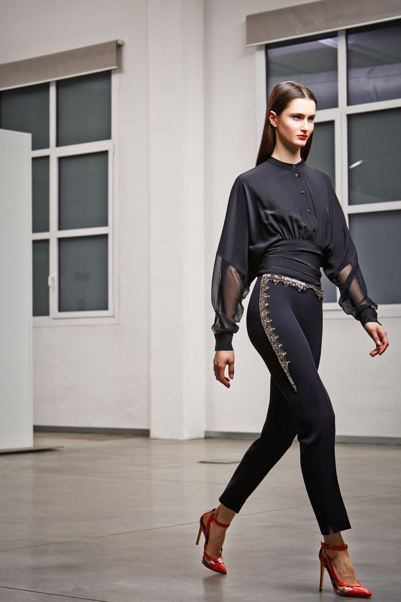 black silk long-sleeve collared fitted buttoned blouse