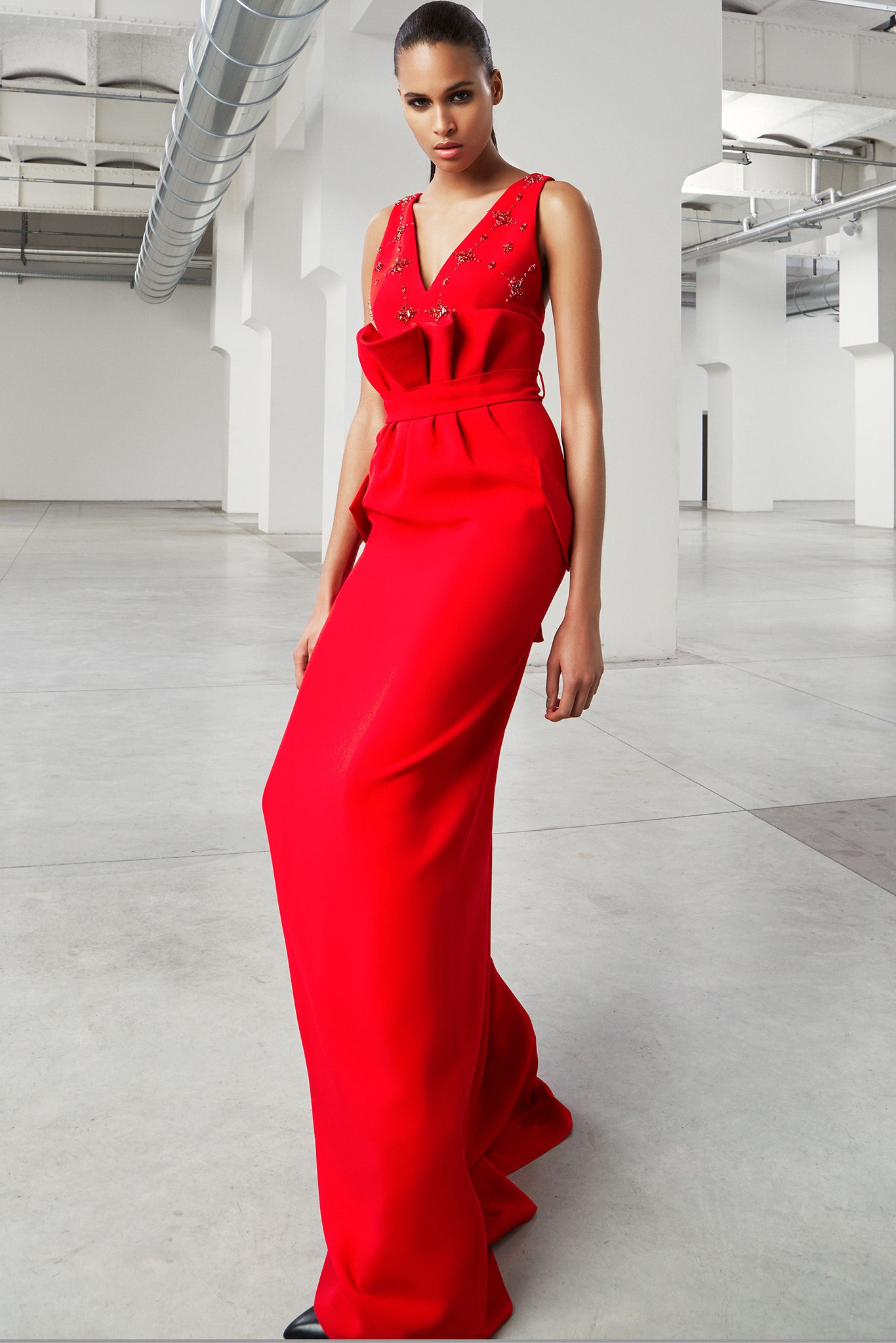red silk sleeveless gown