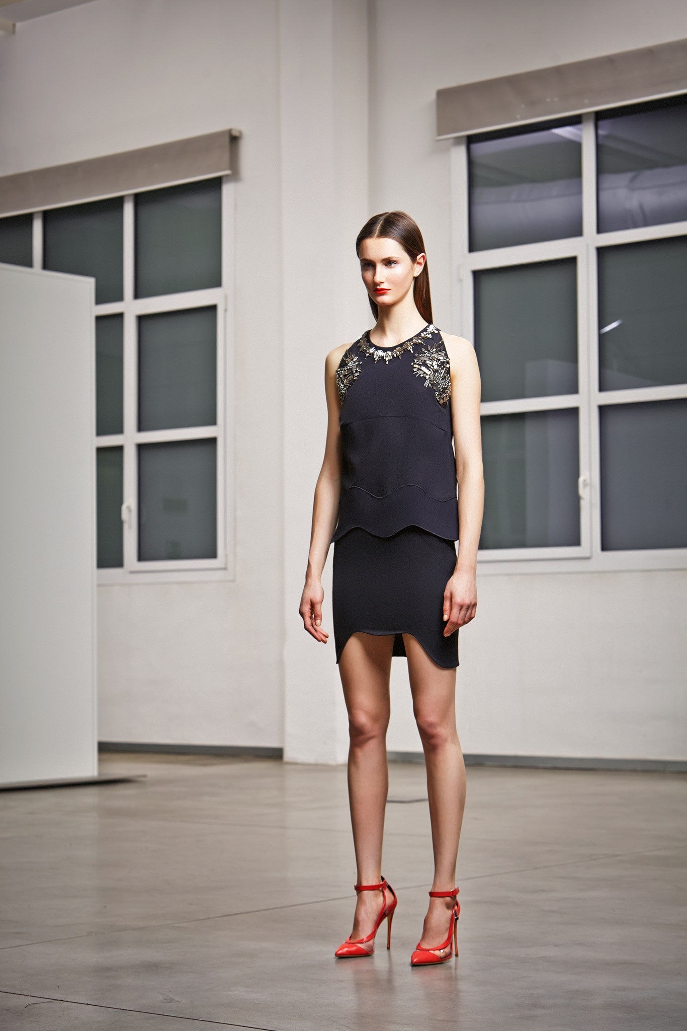 black silk asymmetric mini dress with red shoes