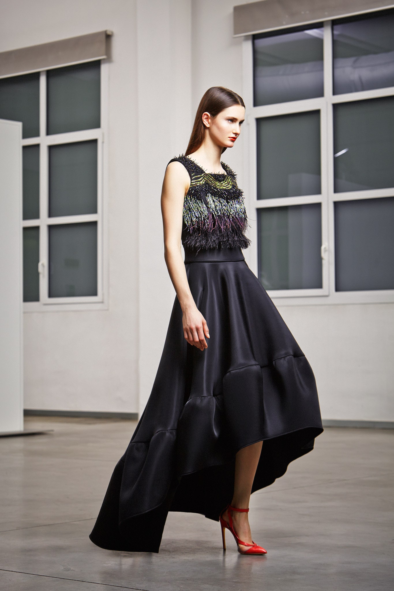 black silk asymmetric skirt with fringed top