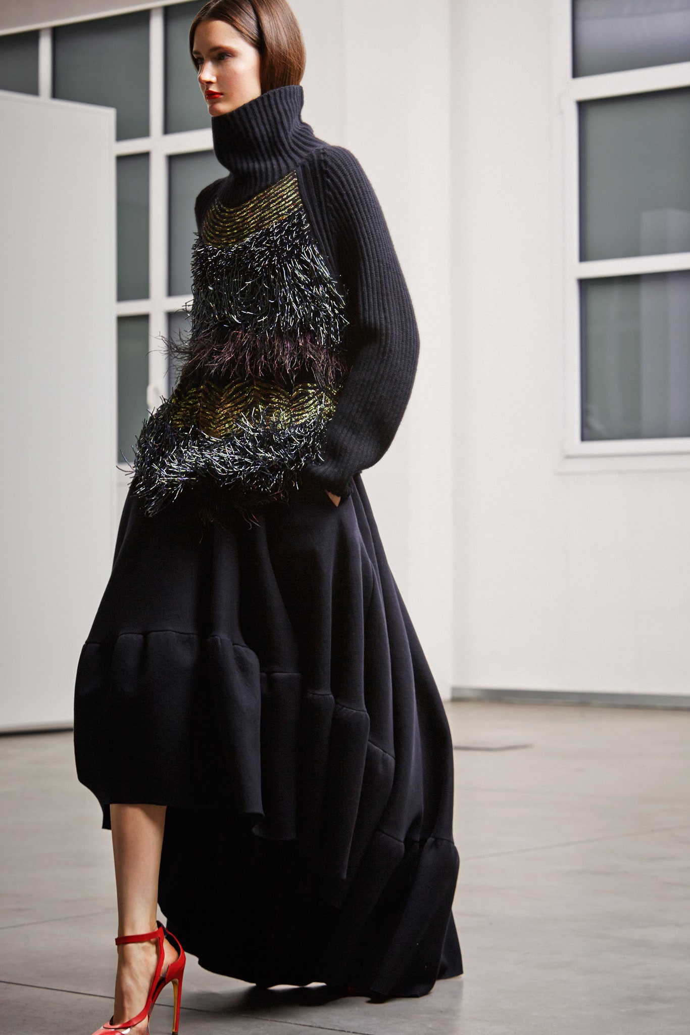 black wool fitted flared maxi skirt