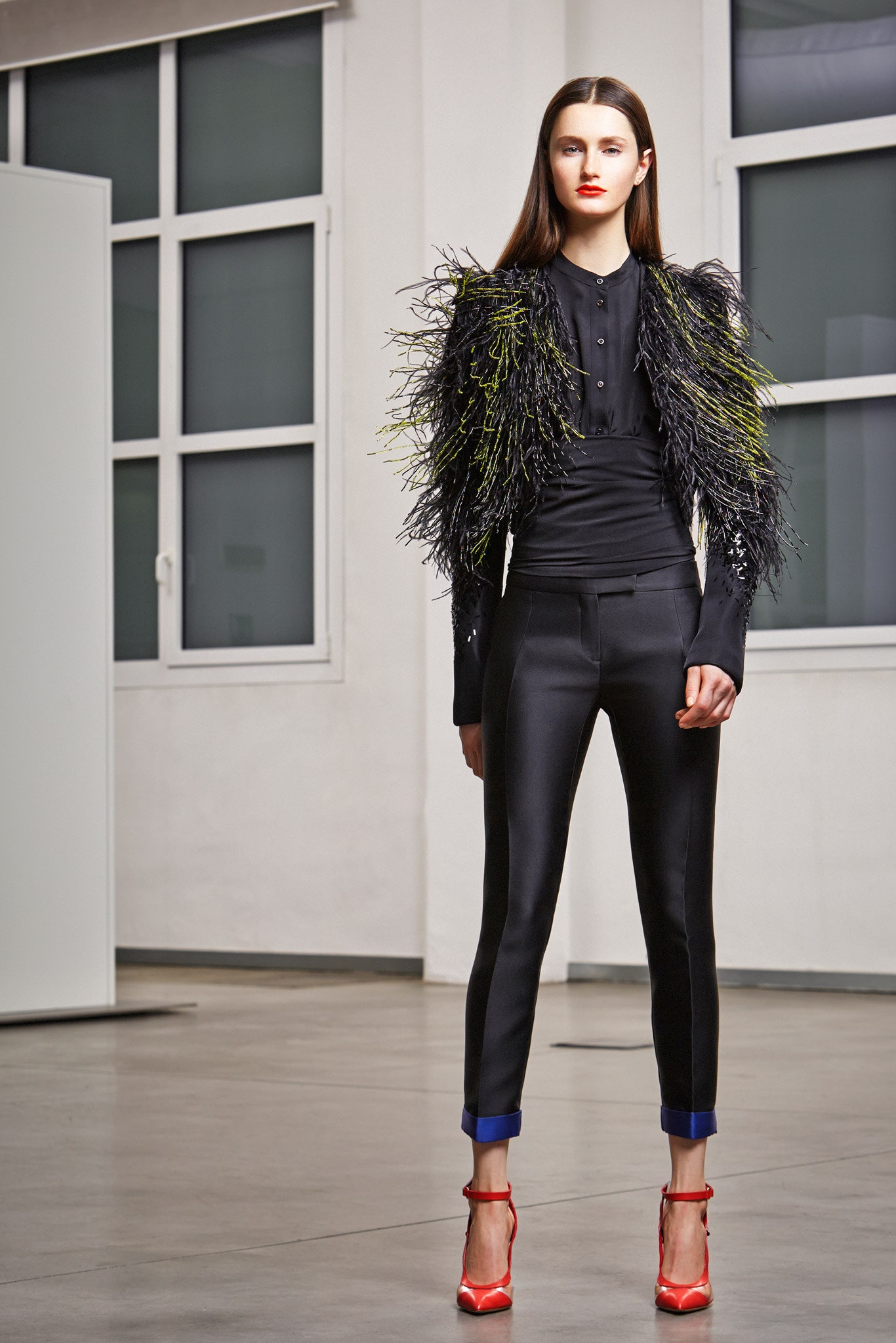 black silk long-sleeve collared fitted ruffled blouse