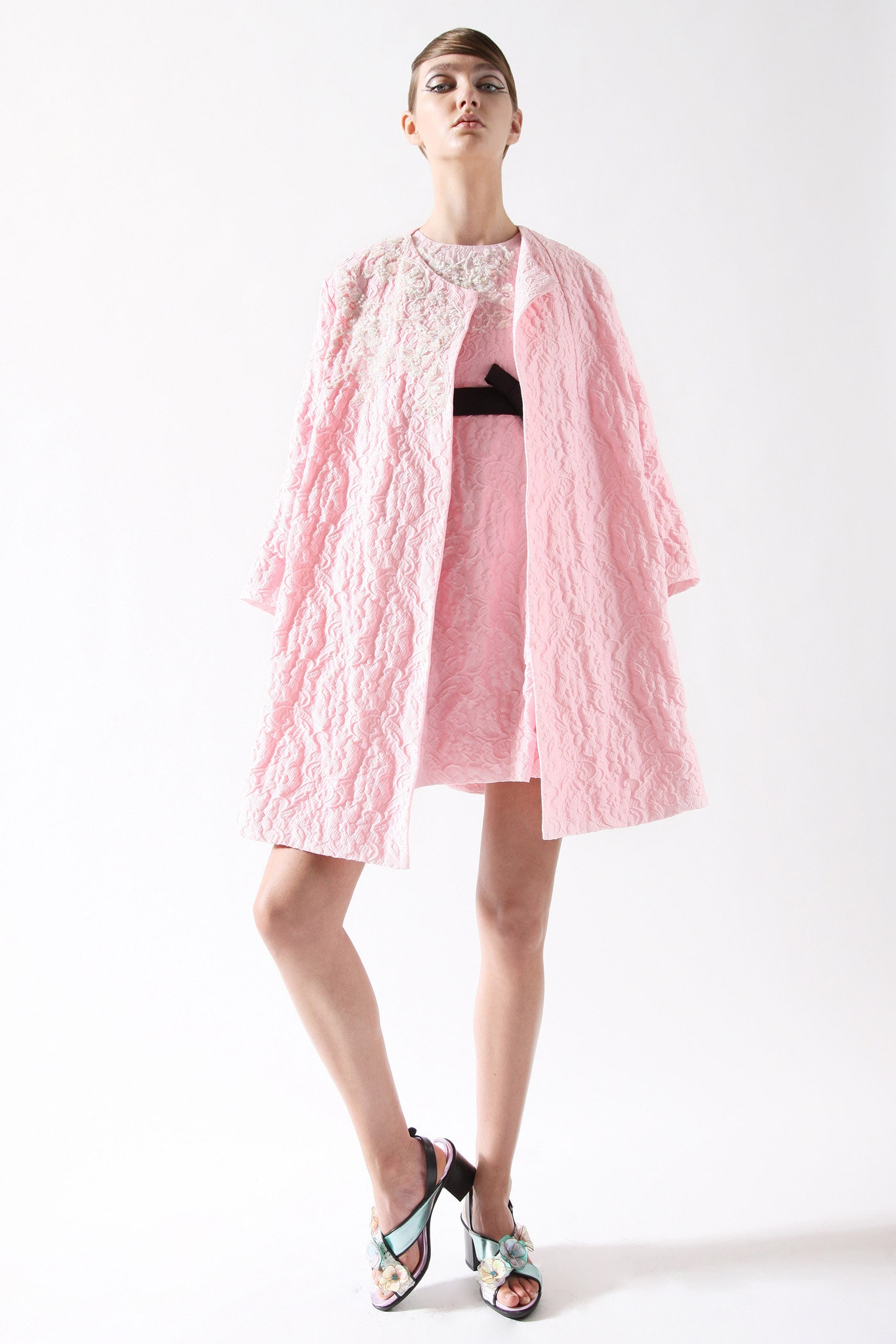 pink lace coat and mini dress