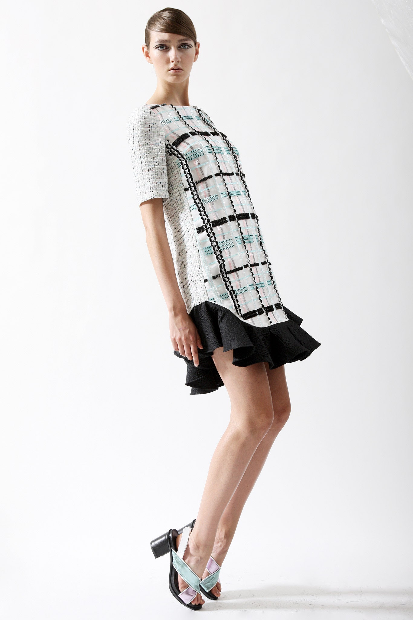 white and black pleated mini dress