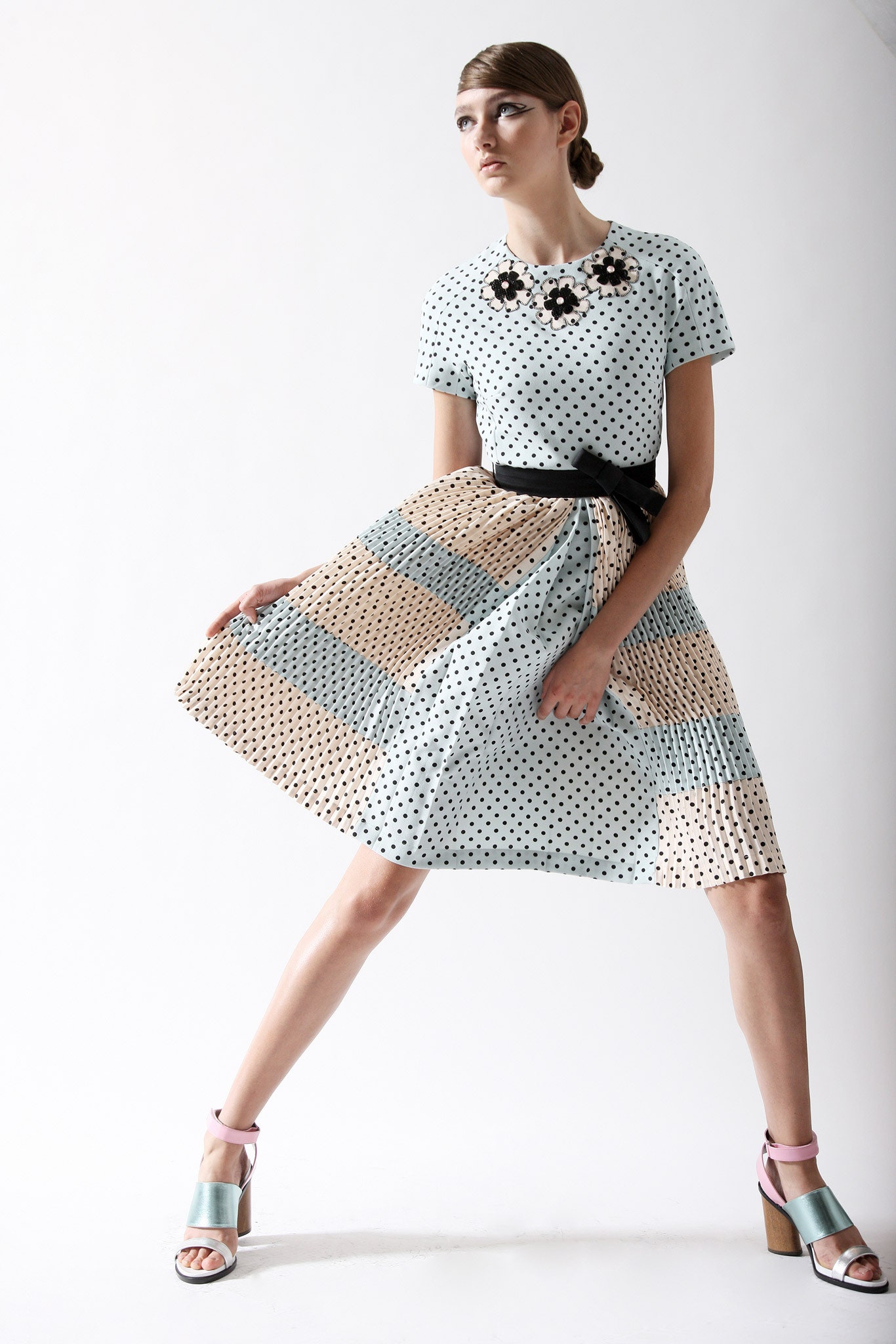 blue beige polka-dot midi dress