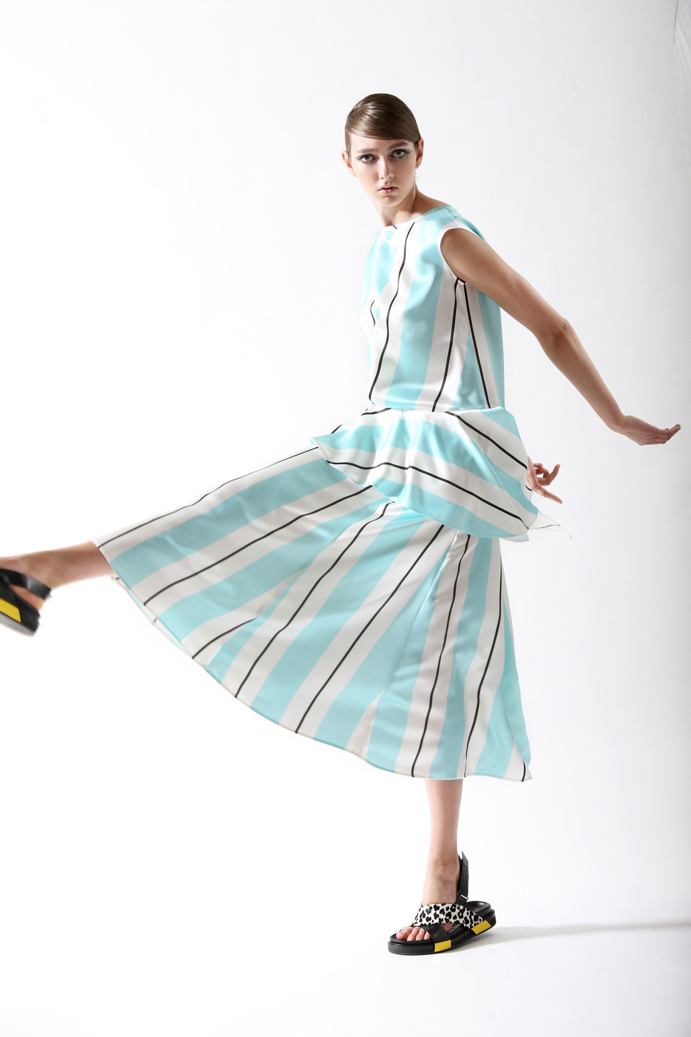 blue and white striped midi dress