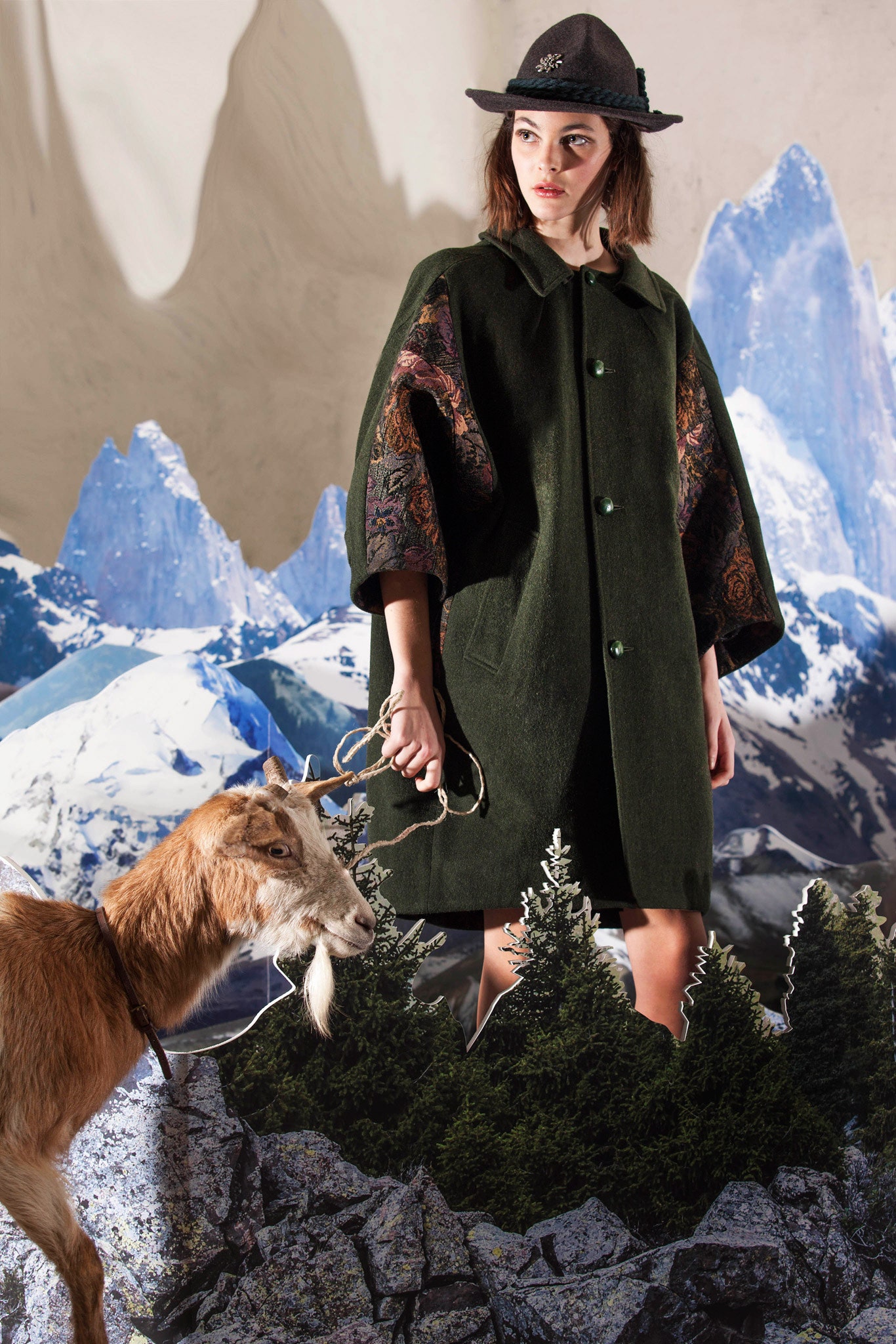 green wool coat with multi blouse