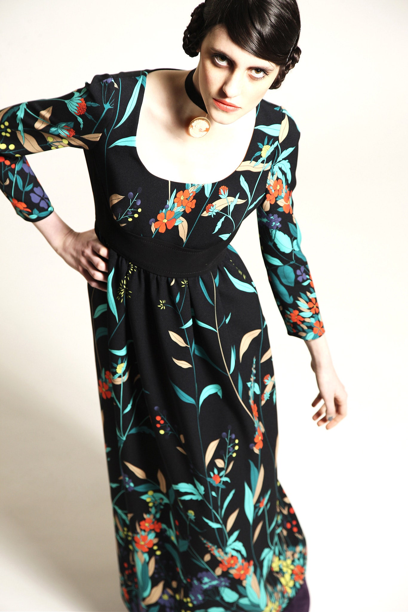 black floral long-sleeve dress