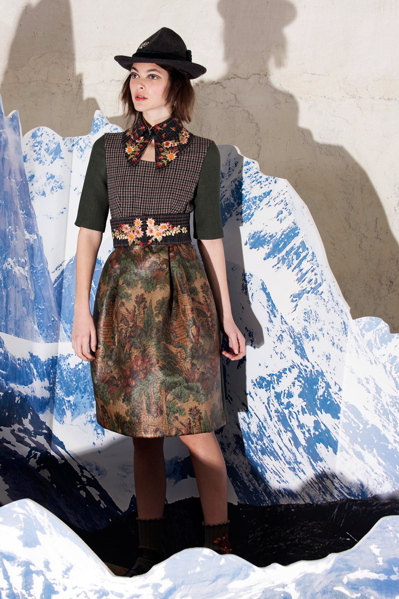 green and brown pleated midi dress