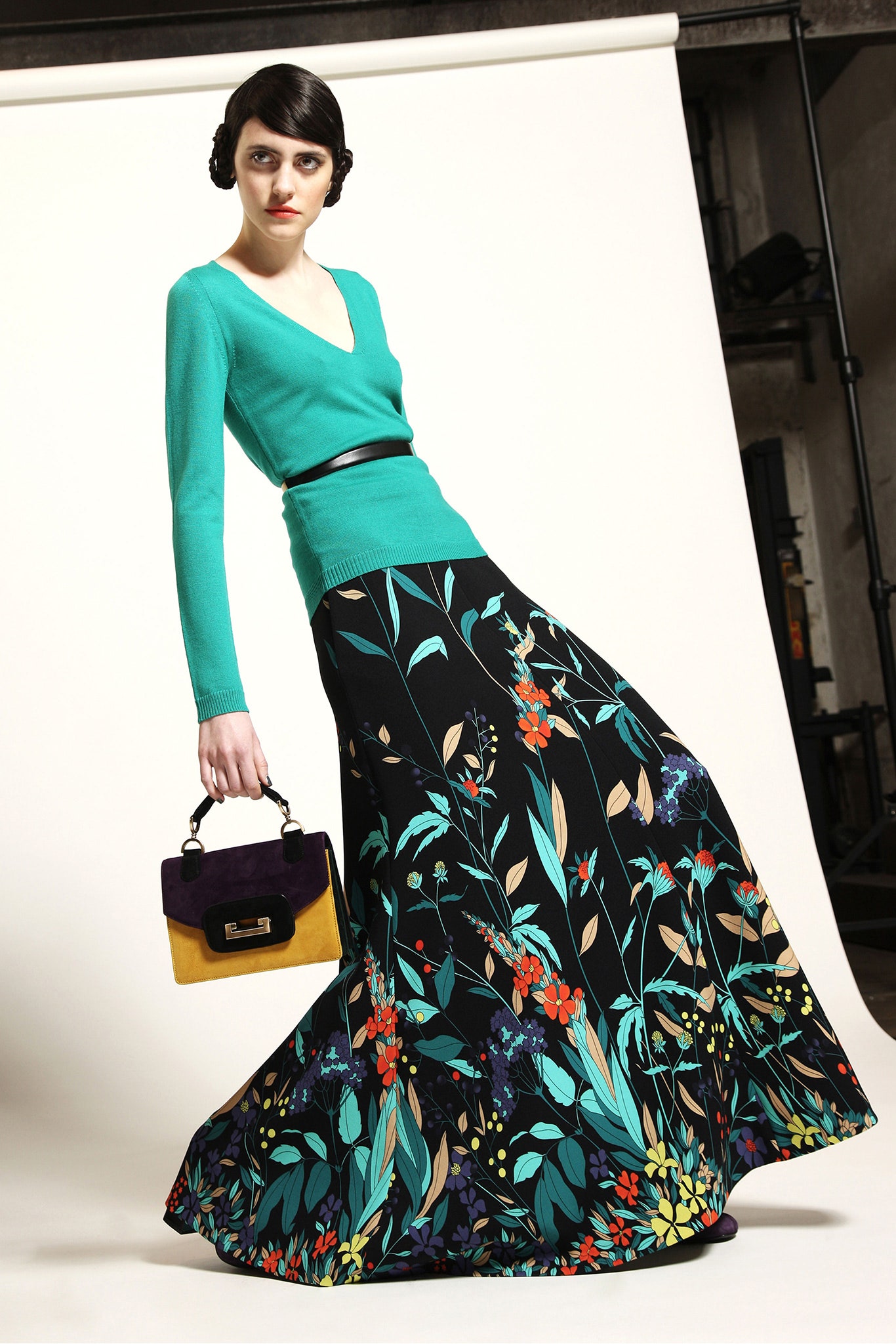 teal fitted top and floral maxi skirt
