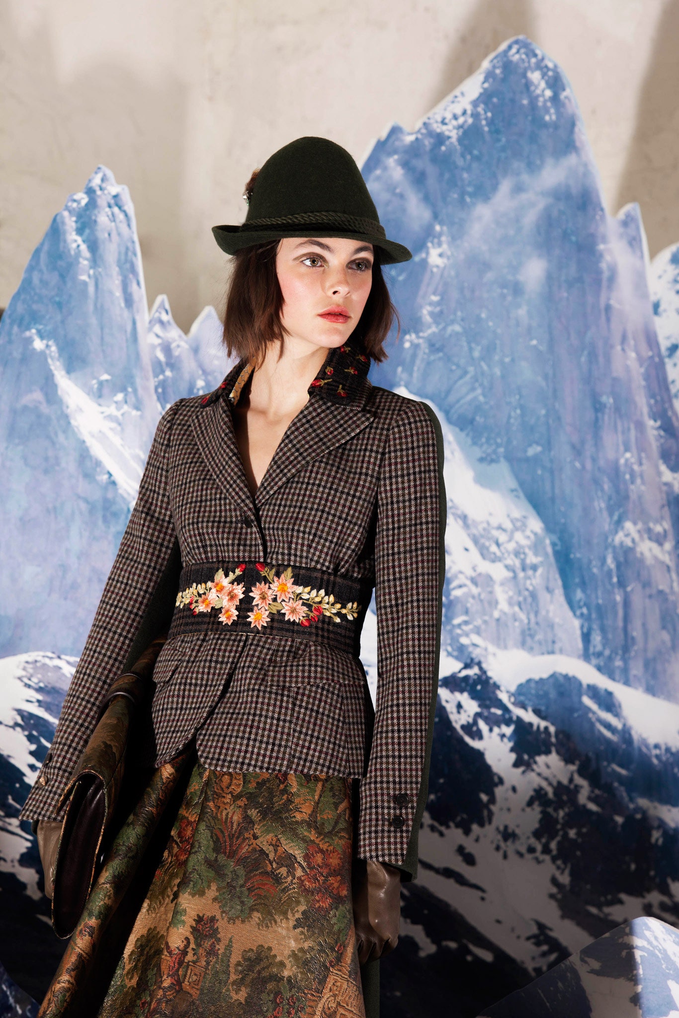 brown tailored blazer with multi skirt