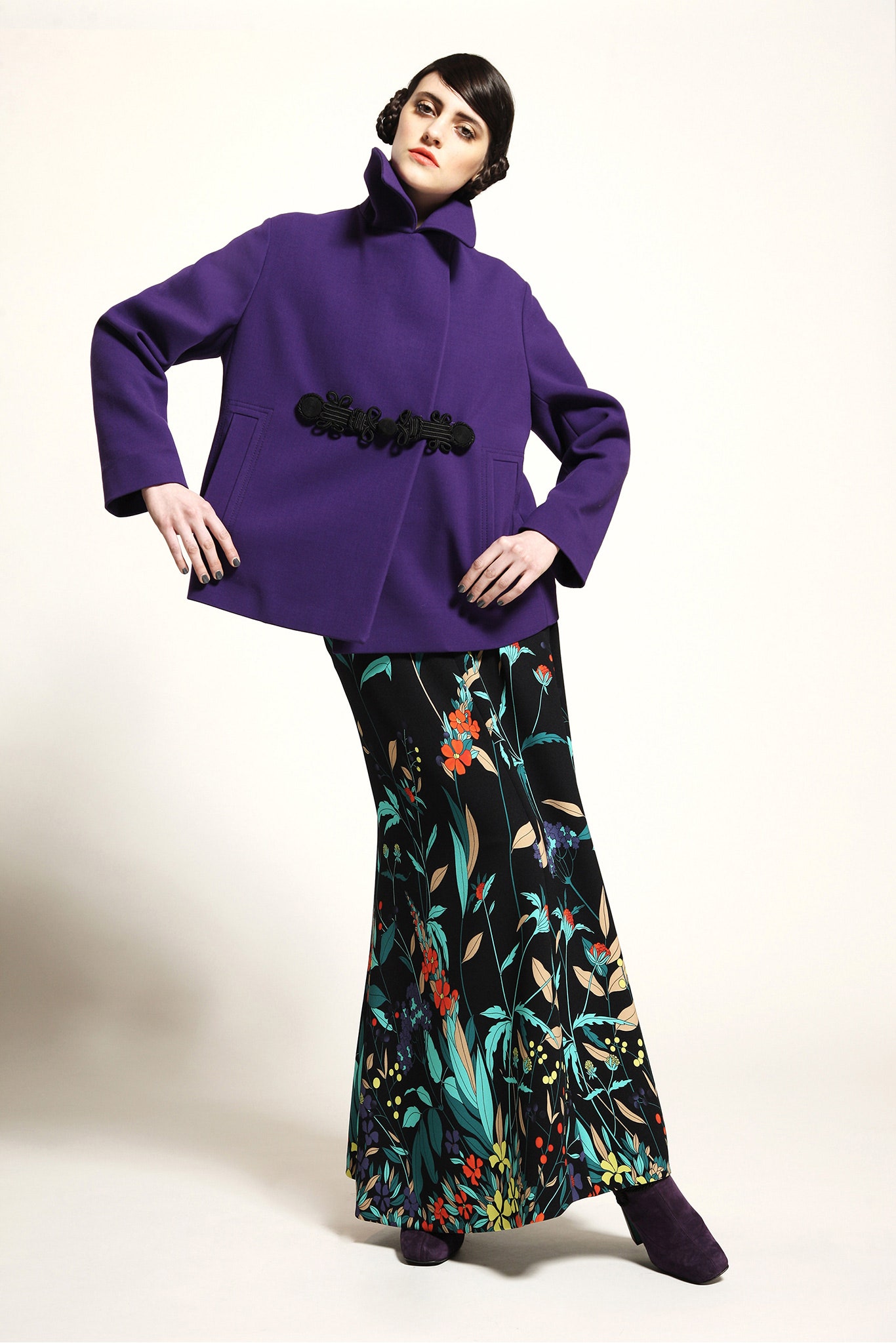 purple coat and floral maxi skirt