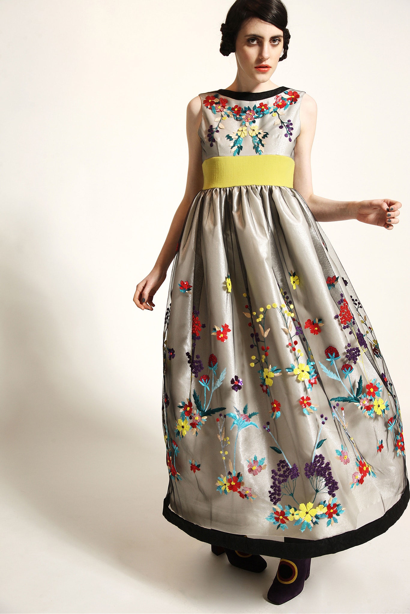 gray silk embroidered gown