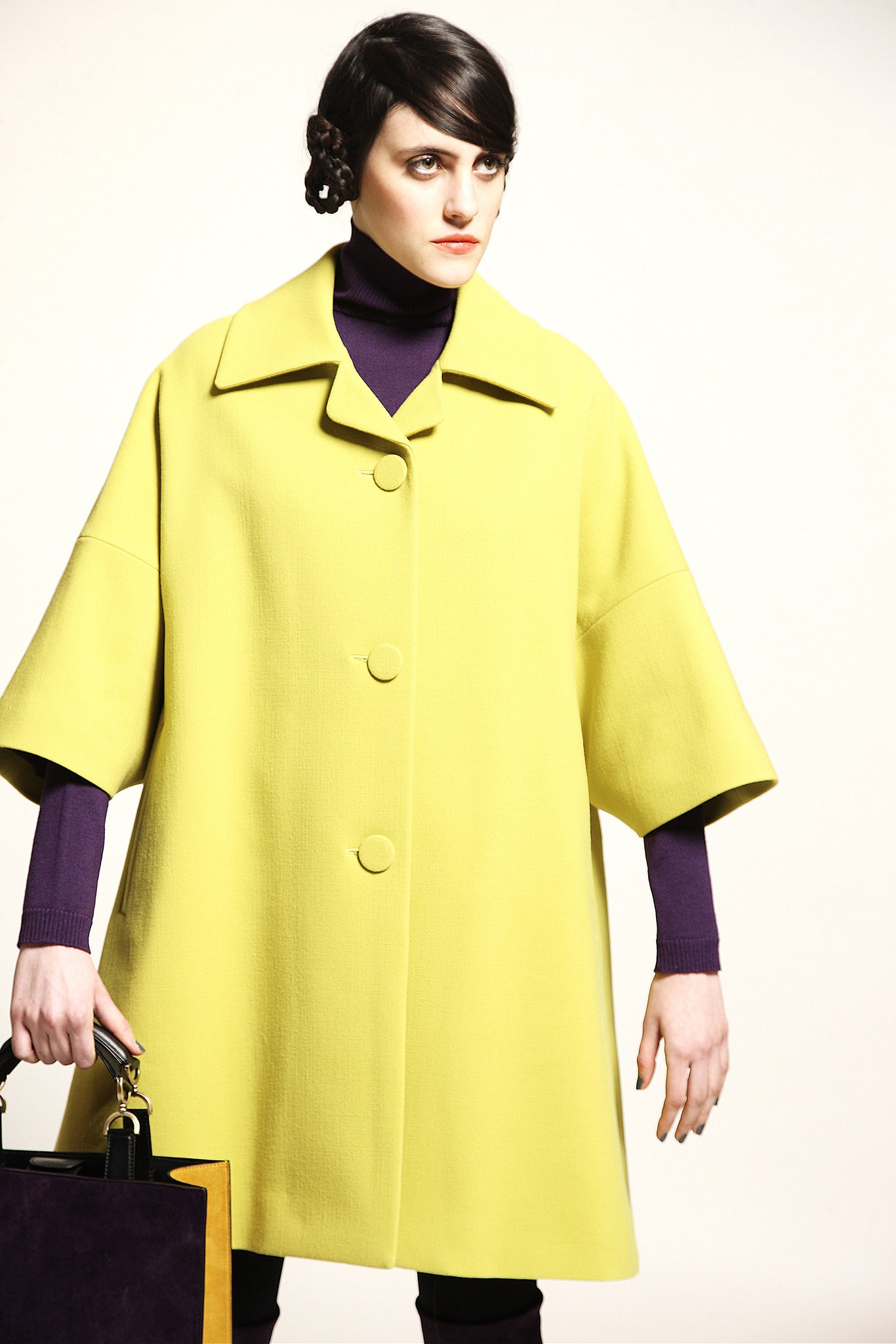 yellow wool relaxed coat with purple top