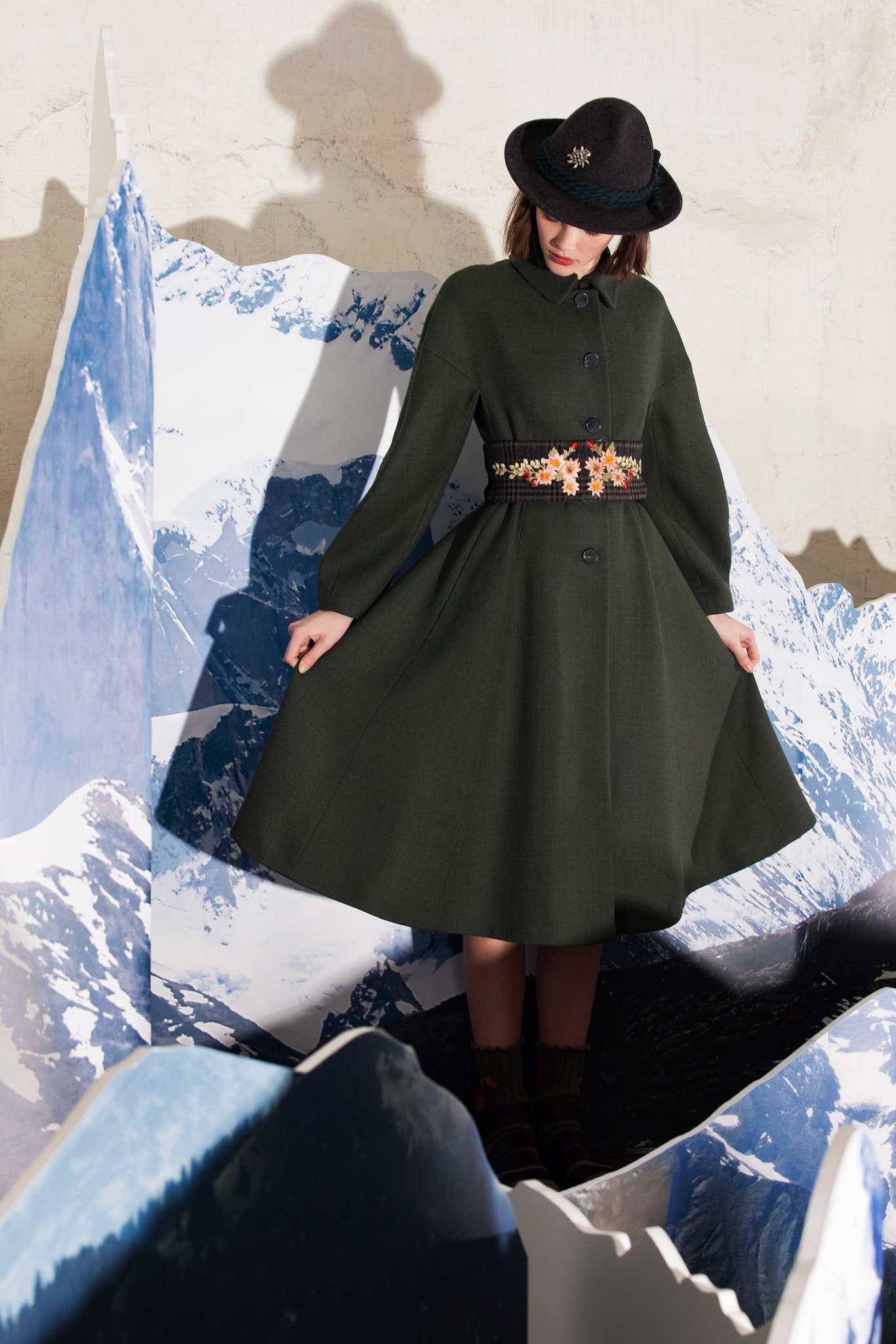 green wool midi dress with hat