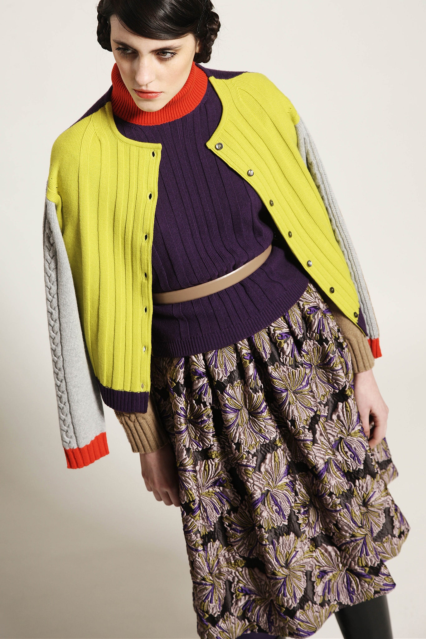 colorful cardigan and tiered skirt