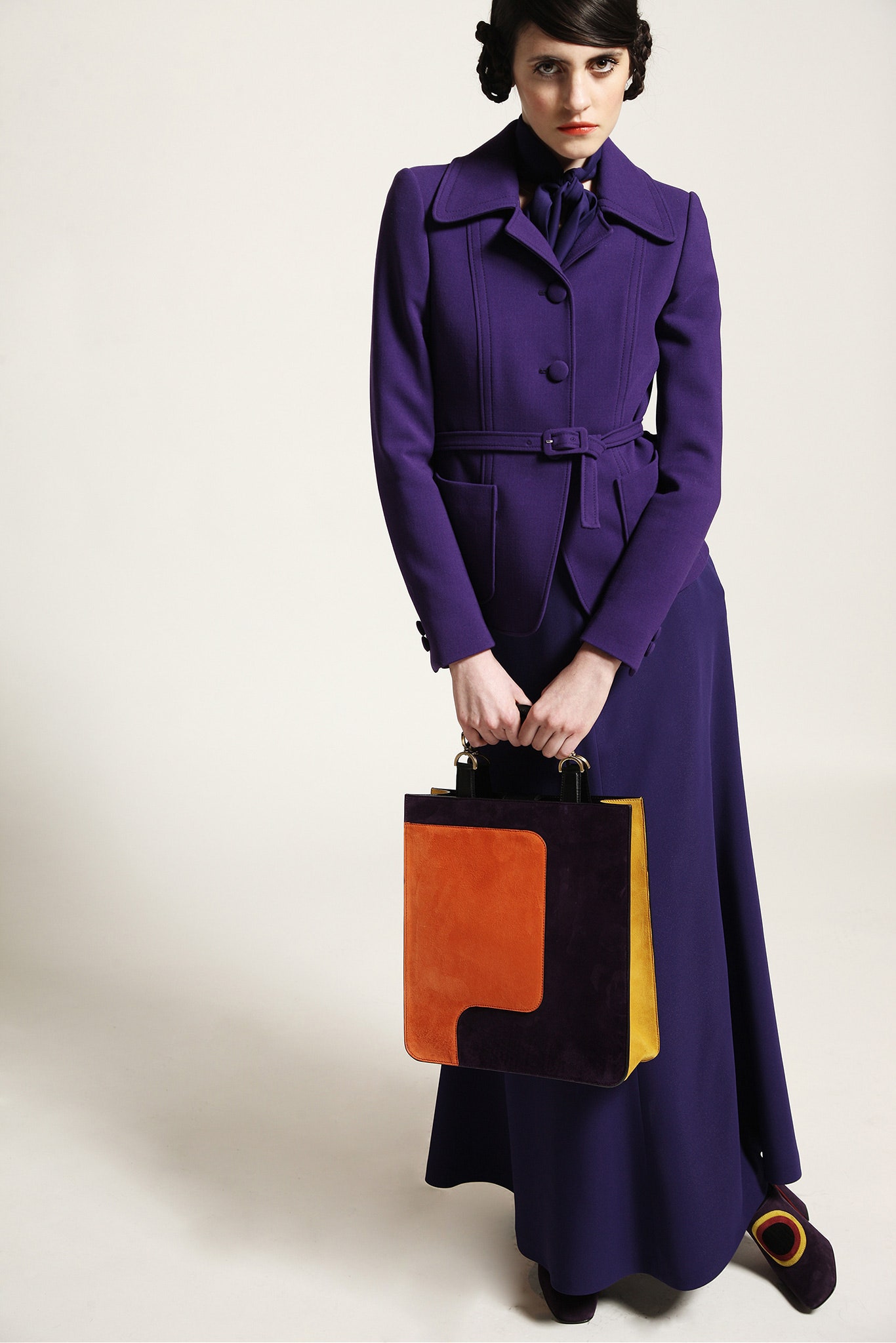 purple wool coat and dress