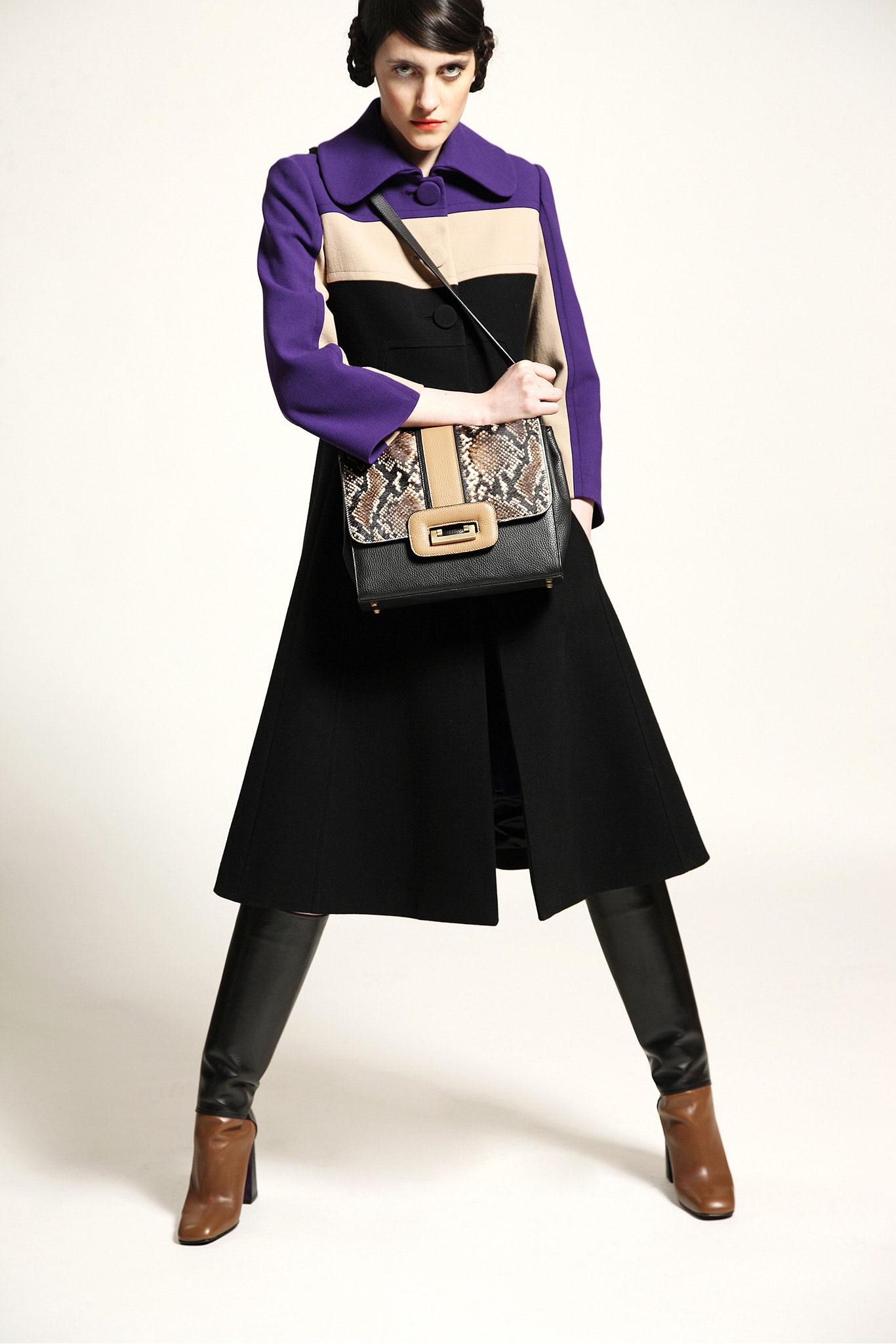 color-blocked midi coat with fitted pants