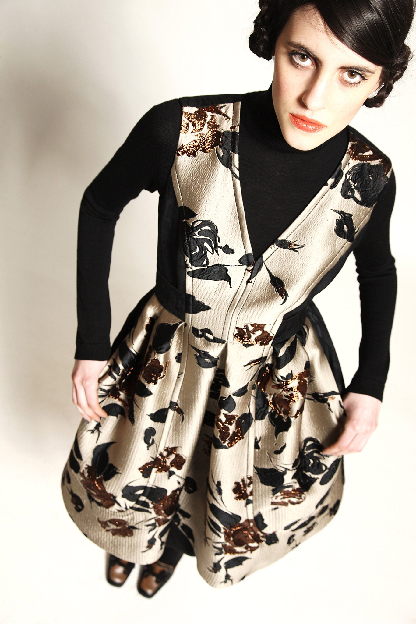 beige floral midi dress with black top