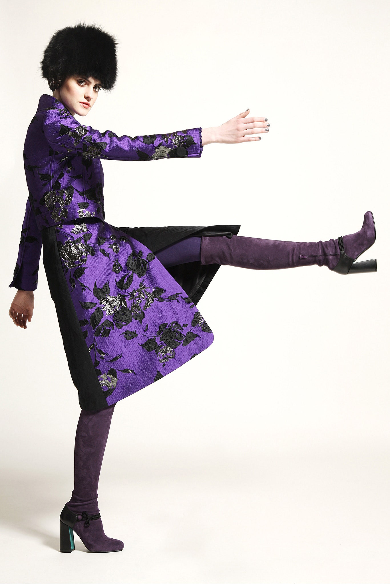 purple embroidered coat with boots